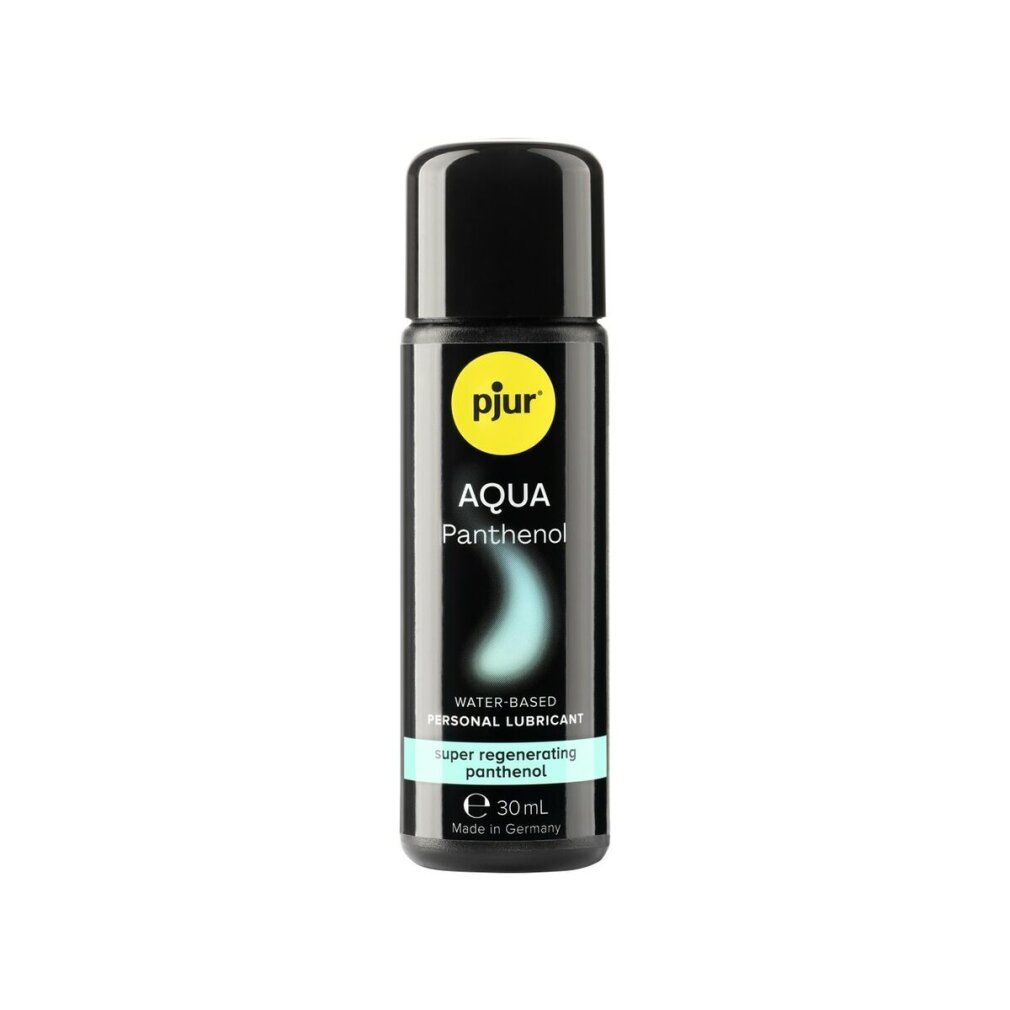 Schwarze Flasche mit schwarzem Deckel. Aufschrift: pjur AQUA Panthenol. Text: Water-Based Personal Lubricant. 30ml. Made in Germany.