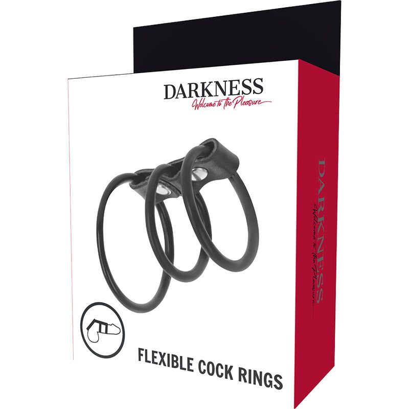 Produktverpackung mit Penis- und Hodenring. Marke: Darkness. Text: Flexible Cock Rings. Abbildung des Produkts auf weißem Hintergrund.