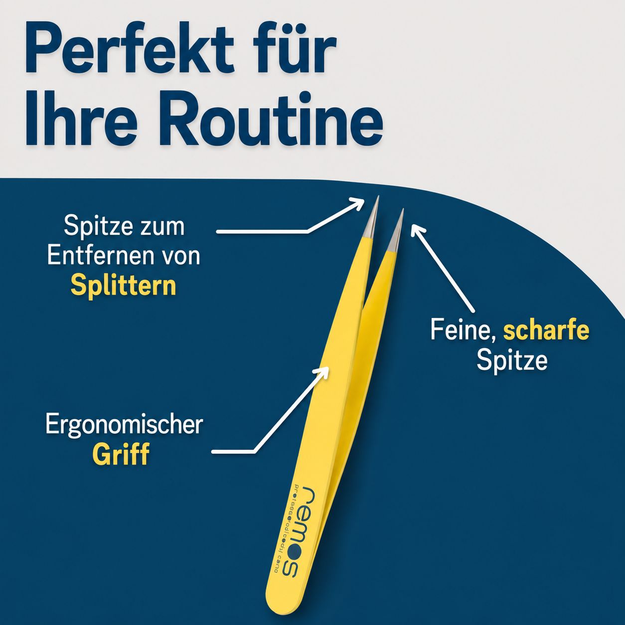 Gelbe REMOS Pinzette mit ergonomischem Griff und feiner, scharfer Spitze zum Entfernen von Splittern.
