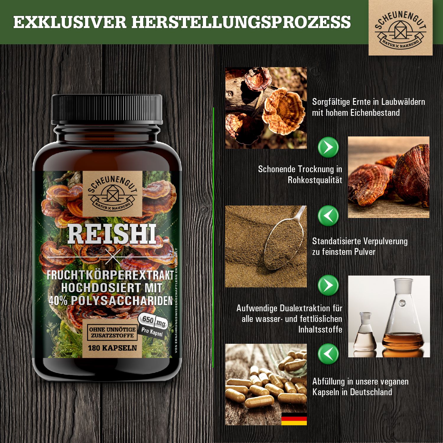 Braune Flasche Scheunengut® Reishi Extrakt Kapseln. Aufschrift: Reishi, Fruchtkörperextrakt, 40% Polysaccharide, 180 Kapseln, 650mg.
