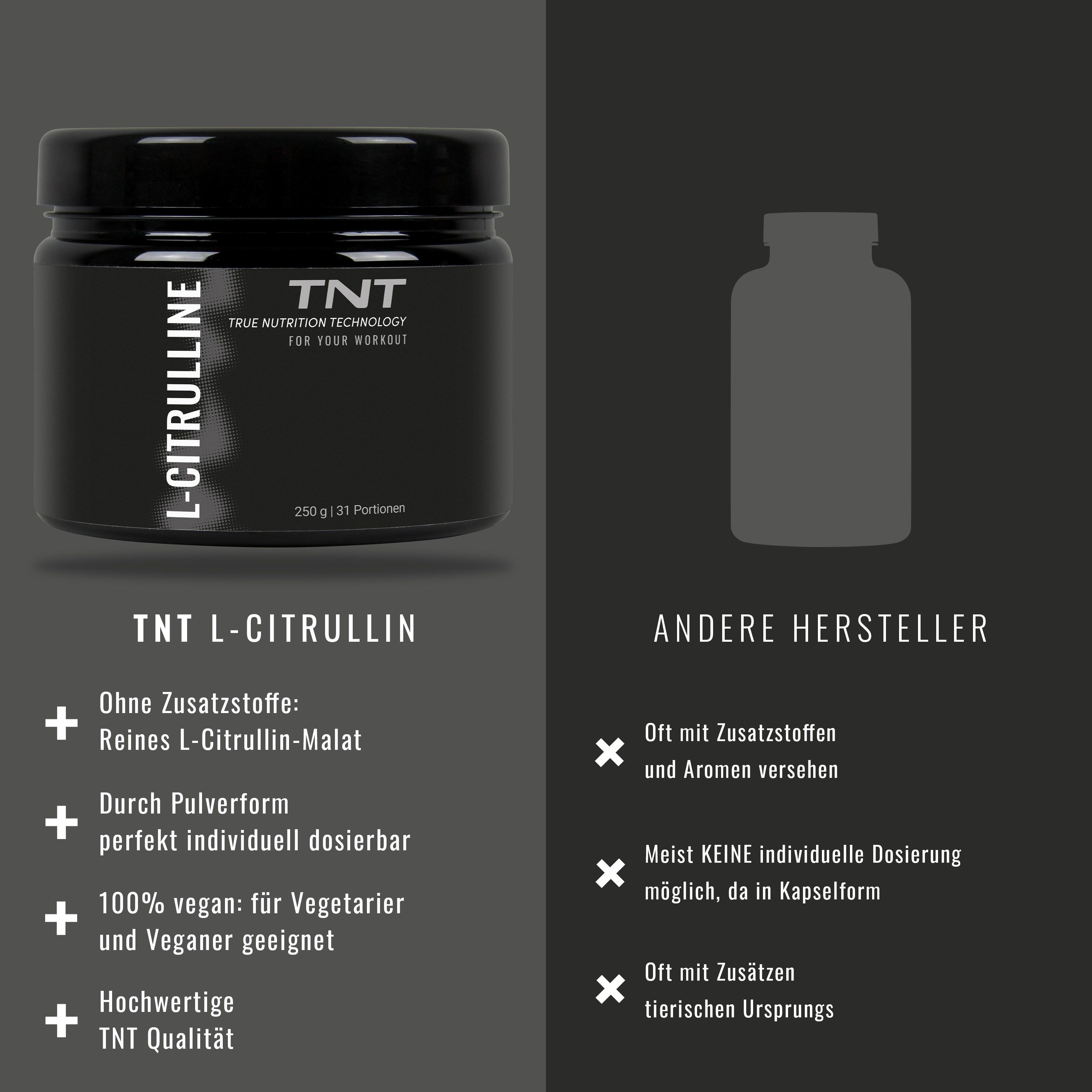 TNT-Produktglas und Vergleich mit anderem Hersteller. Text: Ohne Zusatzstoffe. 100% vegan. Hochwertige TNT Qualität.