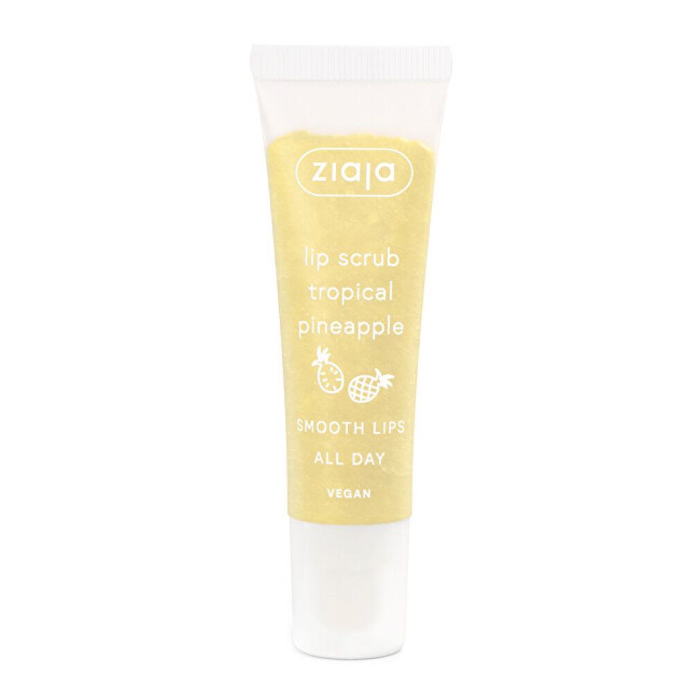 Ziaja Lippenpeeling Tropical Pineapple in einer Tube. Mit Ananas-Symbolen und Text.