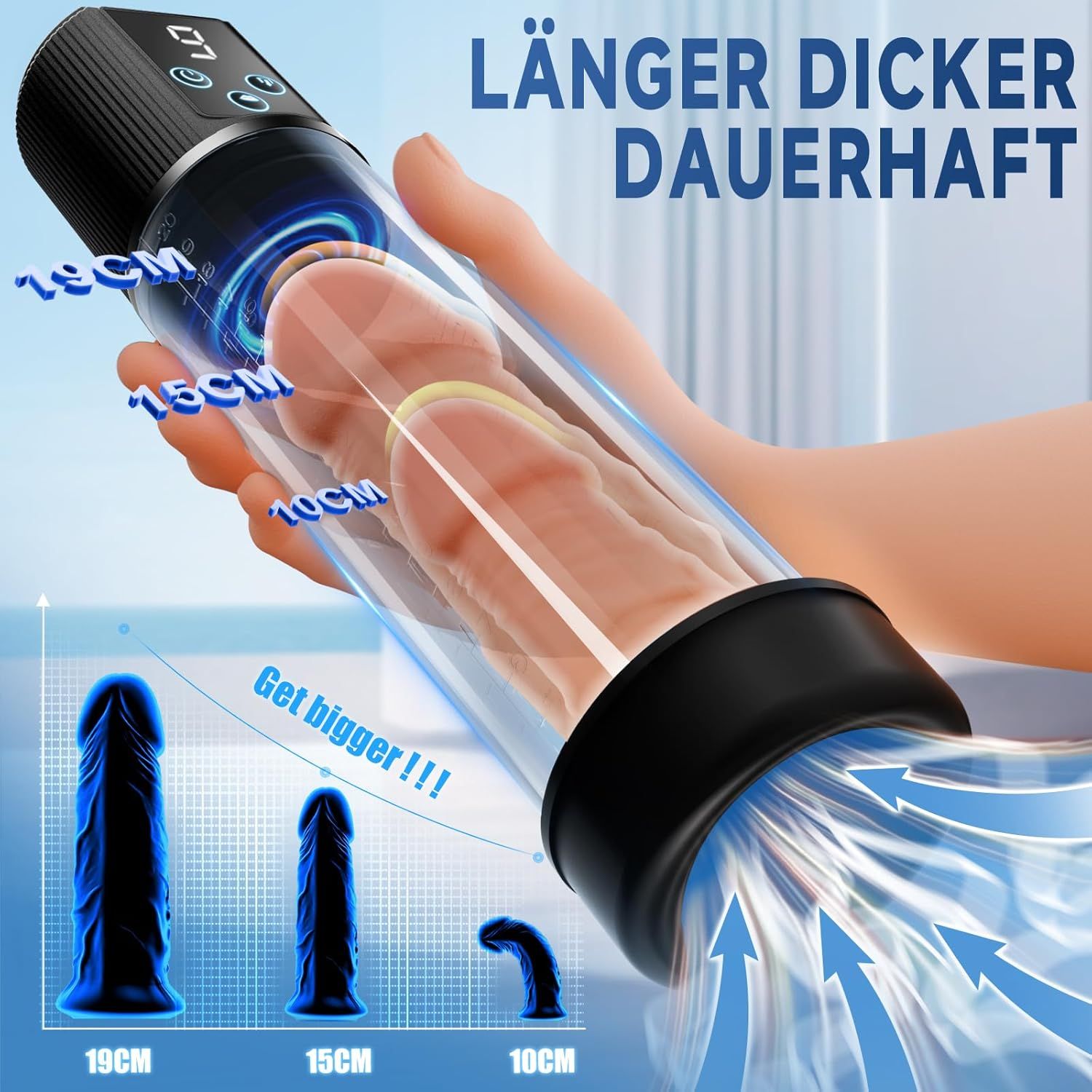 Vakuumpumpe mit eingezeichnetem Penis im transparenten Zylinder. Größenangaben: 10, 15, 19 cm. Blaue Illustrationen von Penissen.
