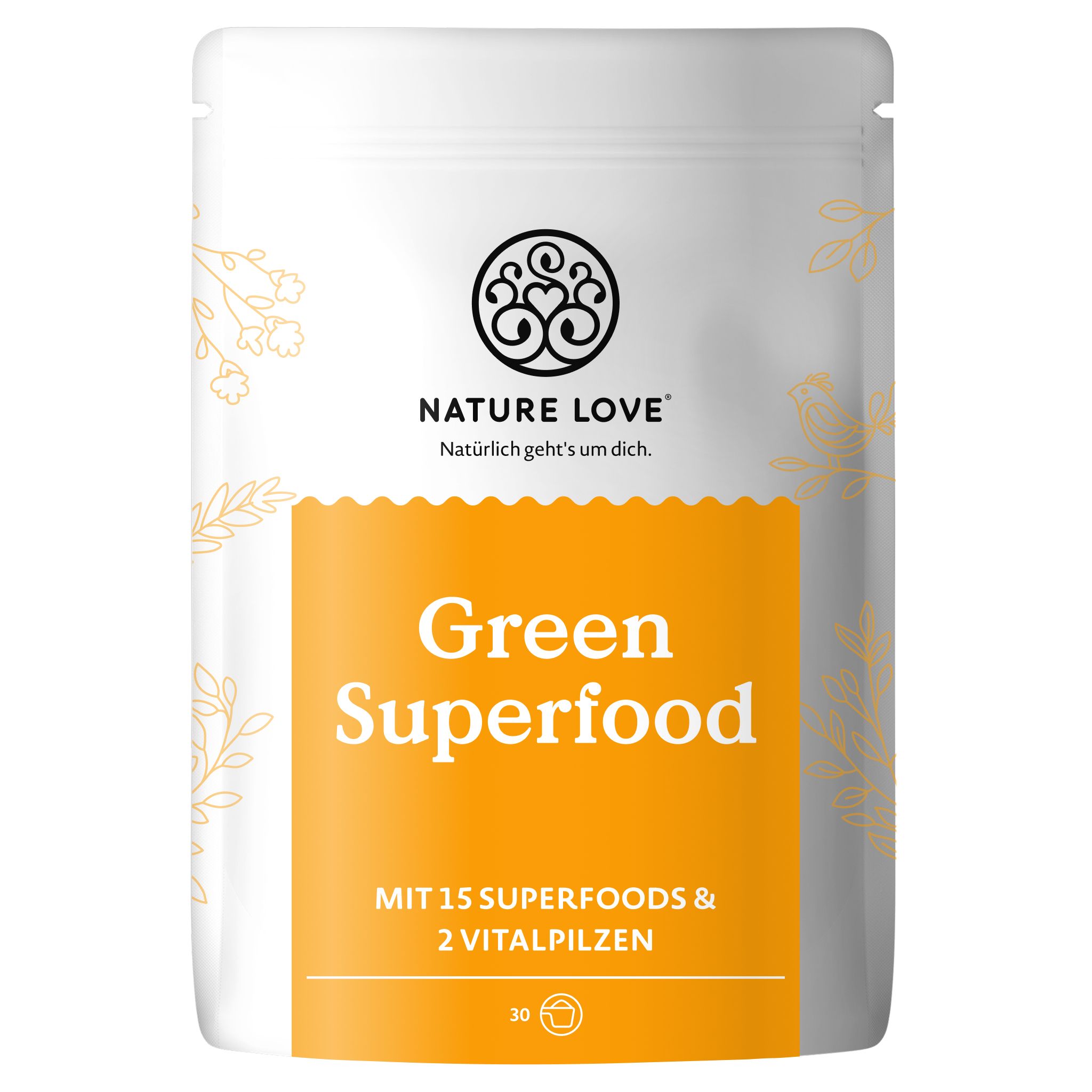 NATURE LOVE® Green Superfood - 15 Superfoods & 2 Vitalpilze - mit Gerstengras, Spirulina & Moringa