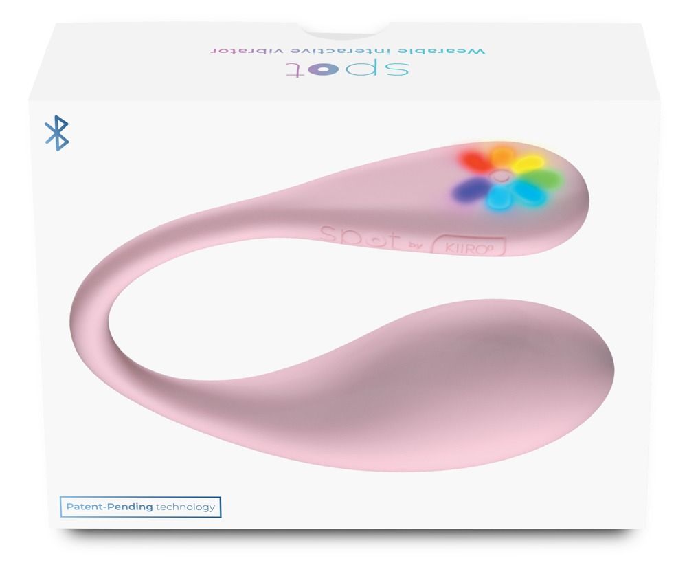 Verpackung eines rosa Auflegvibrators mit Regenbogen-LEDs und Bluetooth-Symbol.