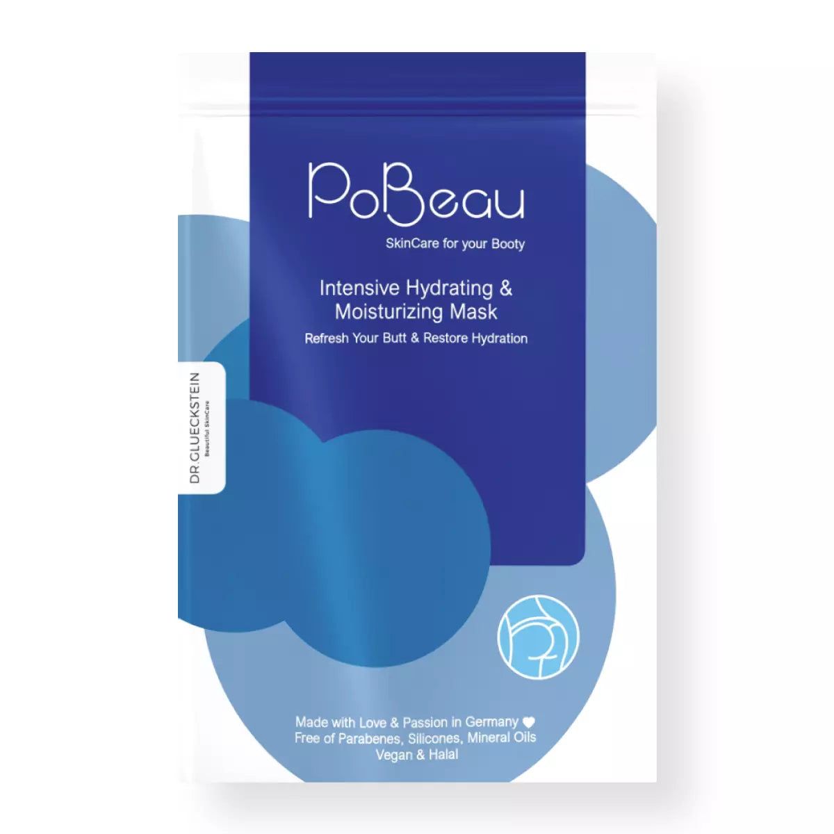 Pobeau-Gesichtsmaske. Blaue Verpackung mit Produktnamen und Text. Enthält Informationen über Inhaltsstoffe und Herkunft.