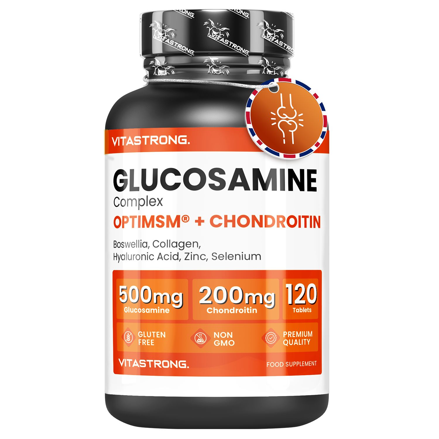 Vitastrong Glucosamin + Chondroitin. Schwarze Flasche, weißer Hintergrund. Text: Glucosamin, Chondroitin, 120 Tabletten.