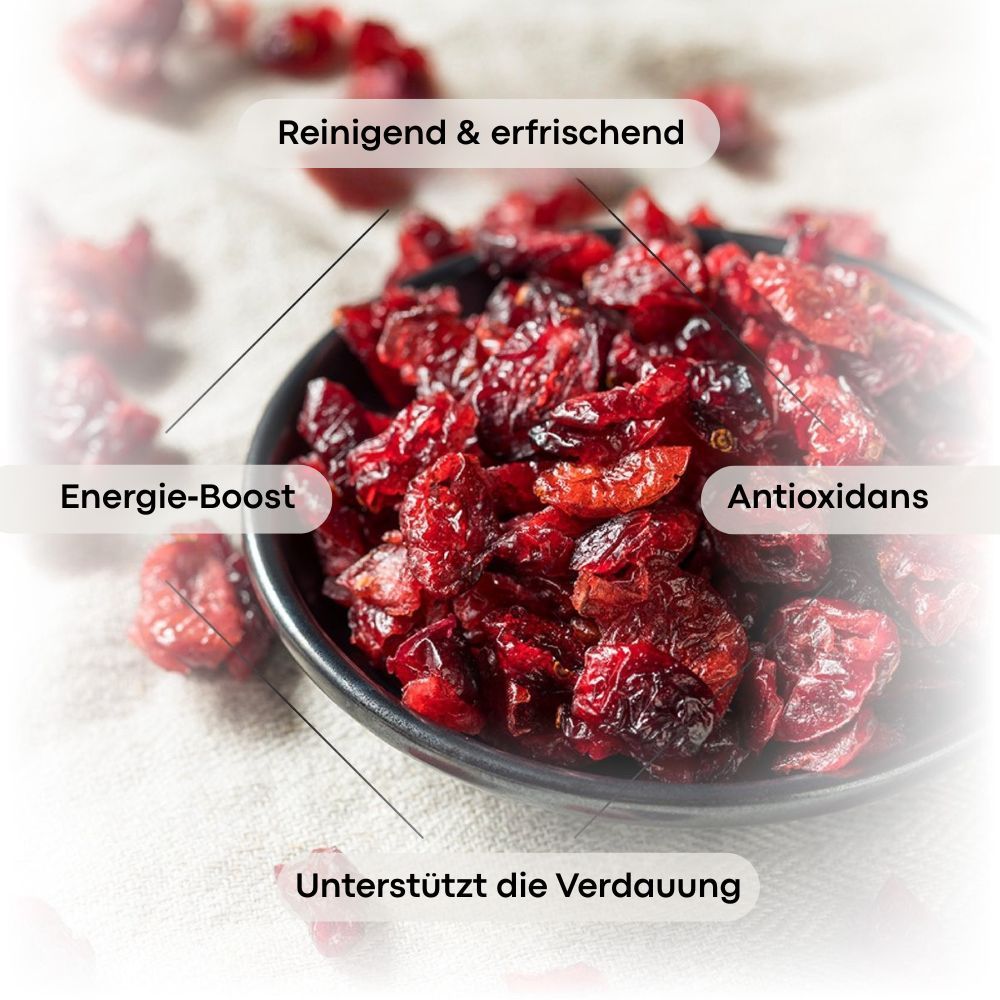 Getrocknete Cranberries in einer Schale mit Hinweisen zu gesundheitlichen Vorteilen.