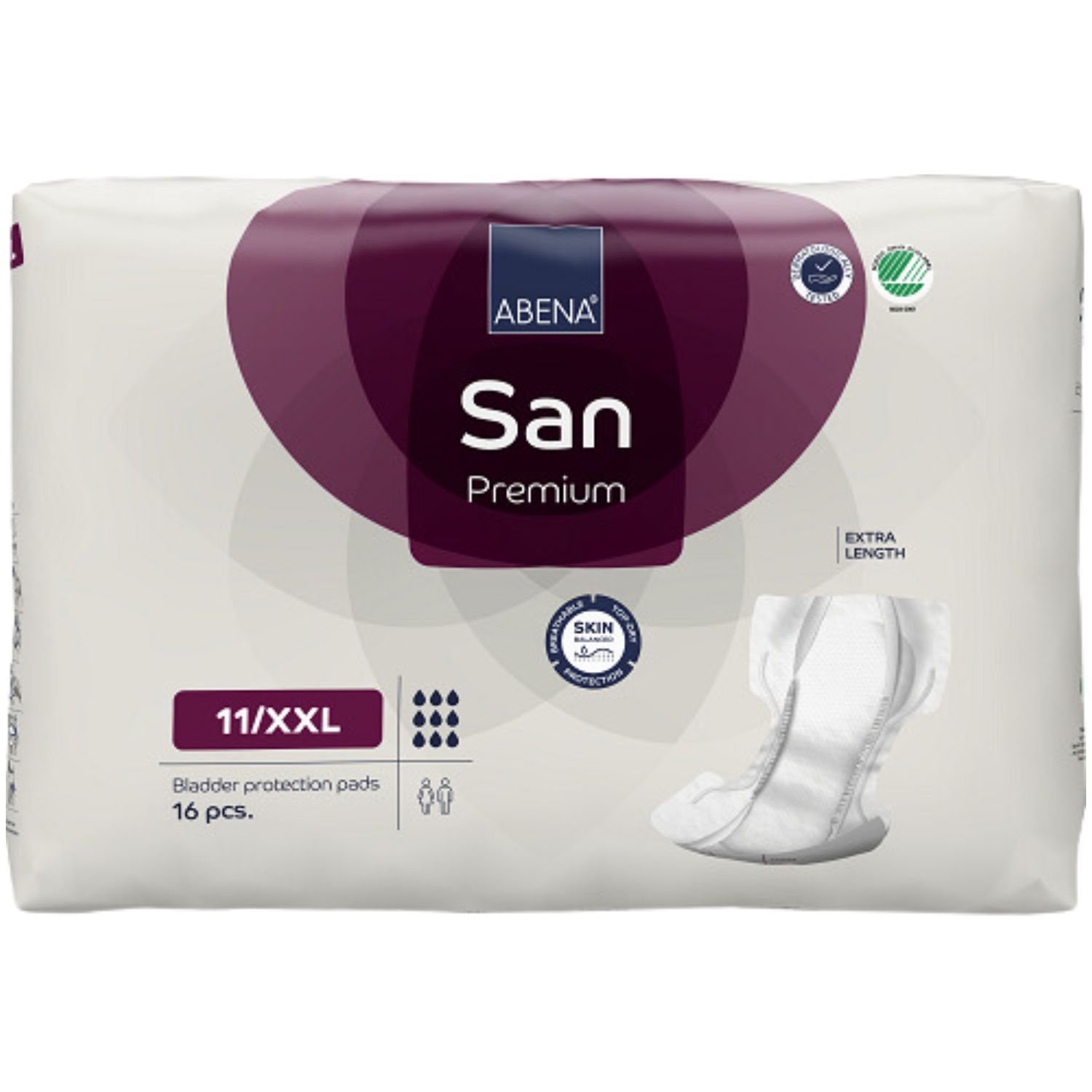 ABENA San Premium Vorlagen. Weiße Inkontinenzvorlagen mit blauer Verpackung. Auf der Verpackung sind Produktinformationen und Logos abgebildet.