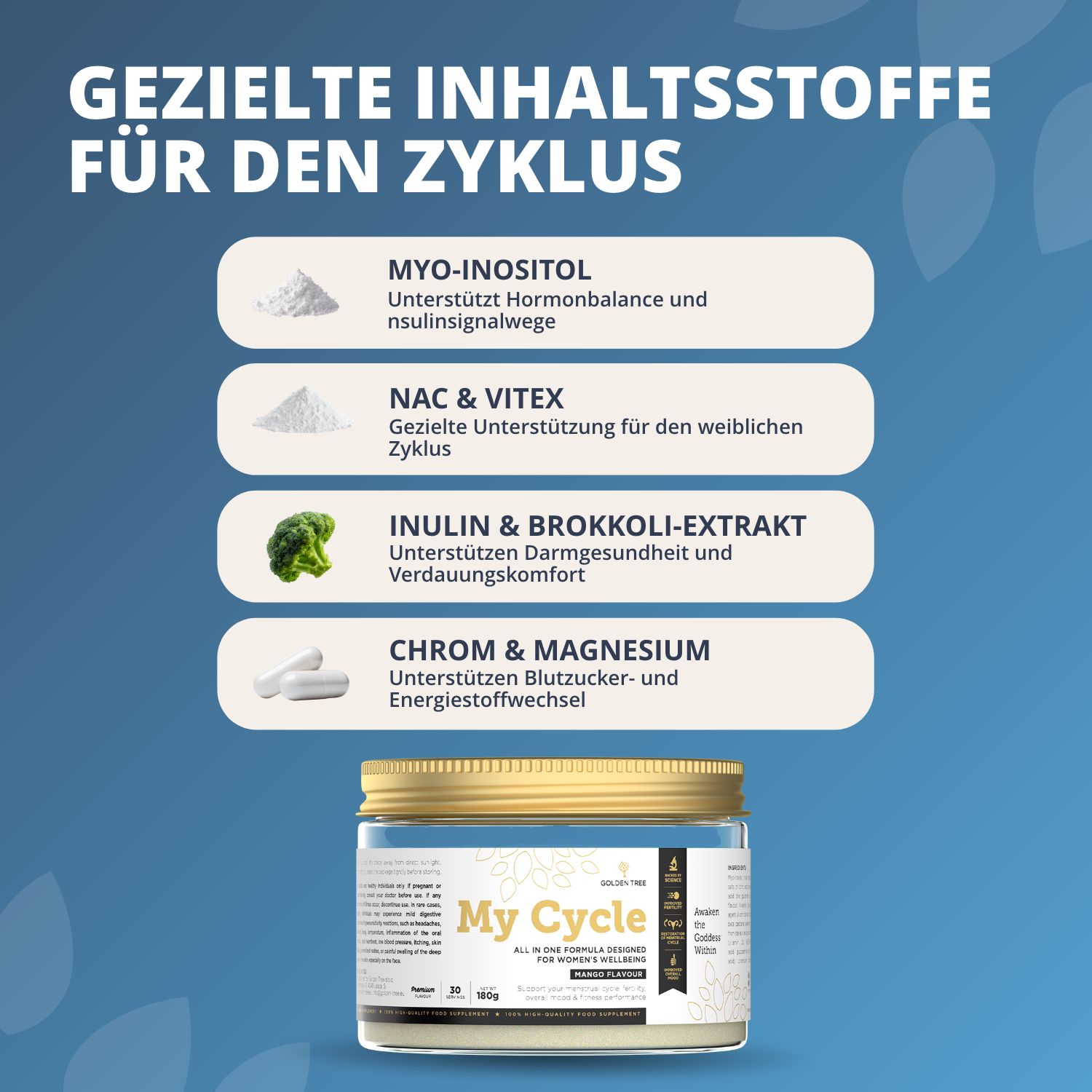 Drei Pulverbehälter mit den Inhaltsstoffen Myo-Inositol, NAC & Vitex, Inulin & Brokkoli-Extrakt, Chrom & Magnesium.