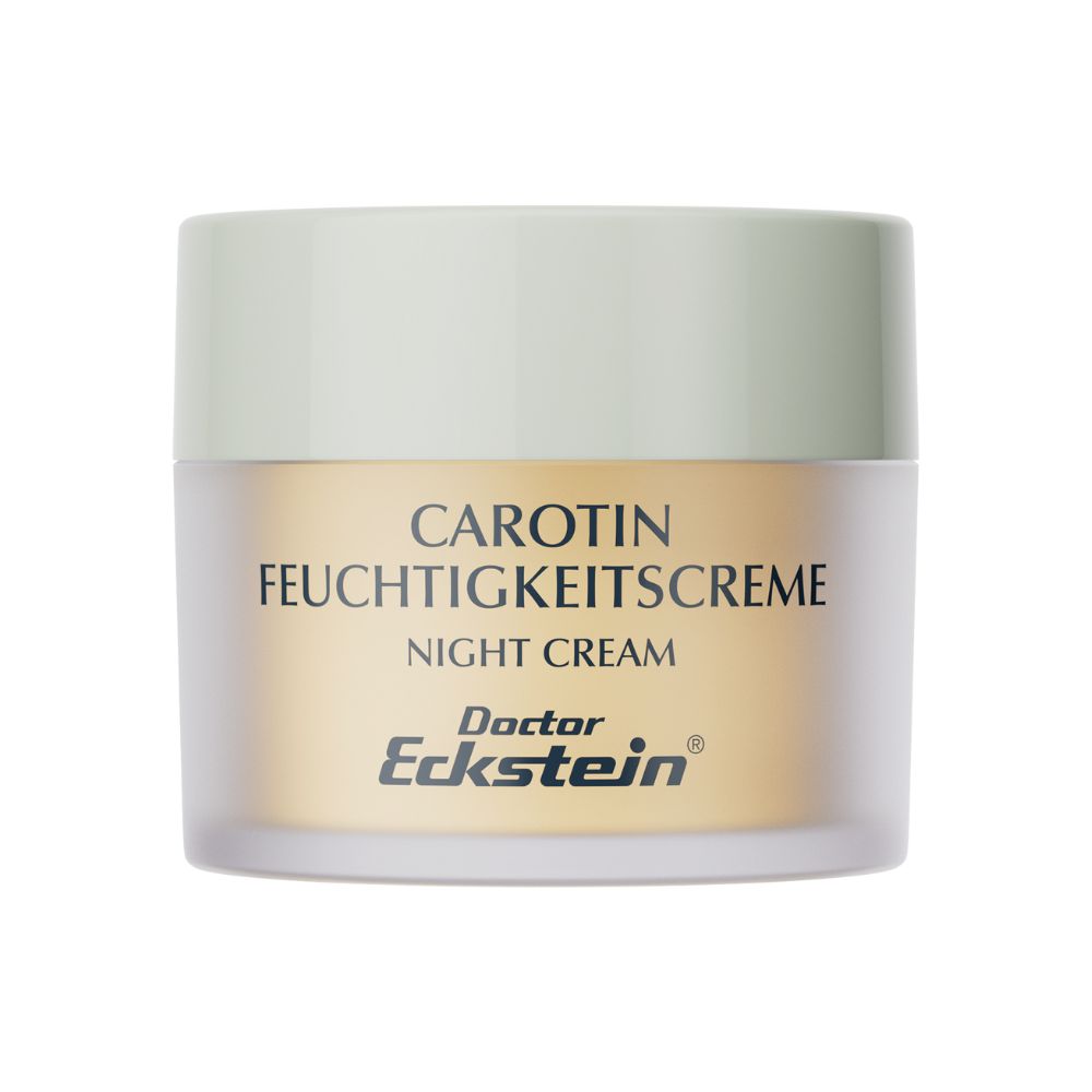 Creme-Tiegel mit hellgrünem Deckel. Aufschrift: Carotin Feuchtigkeitscreme Night Cream. Marke: Doctor Eckstein.