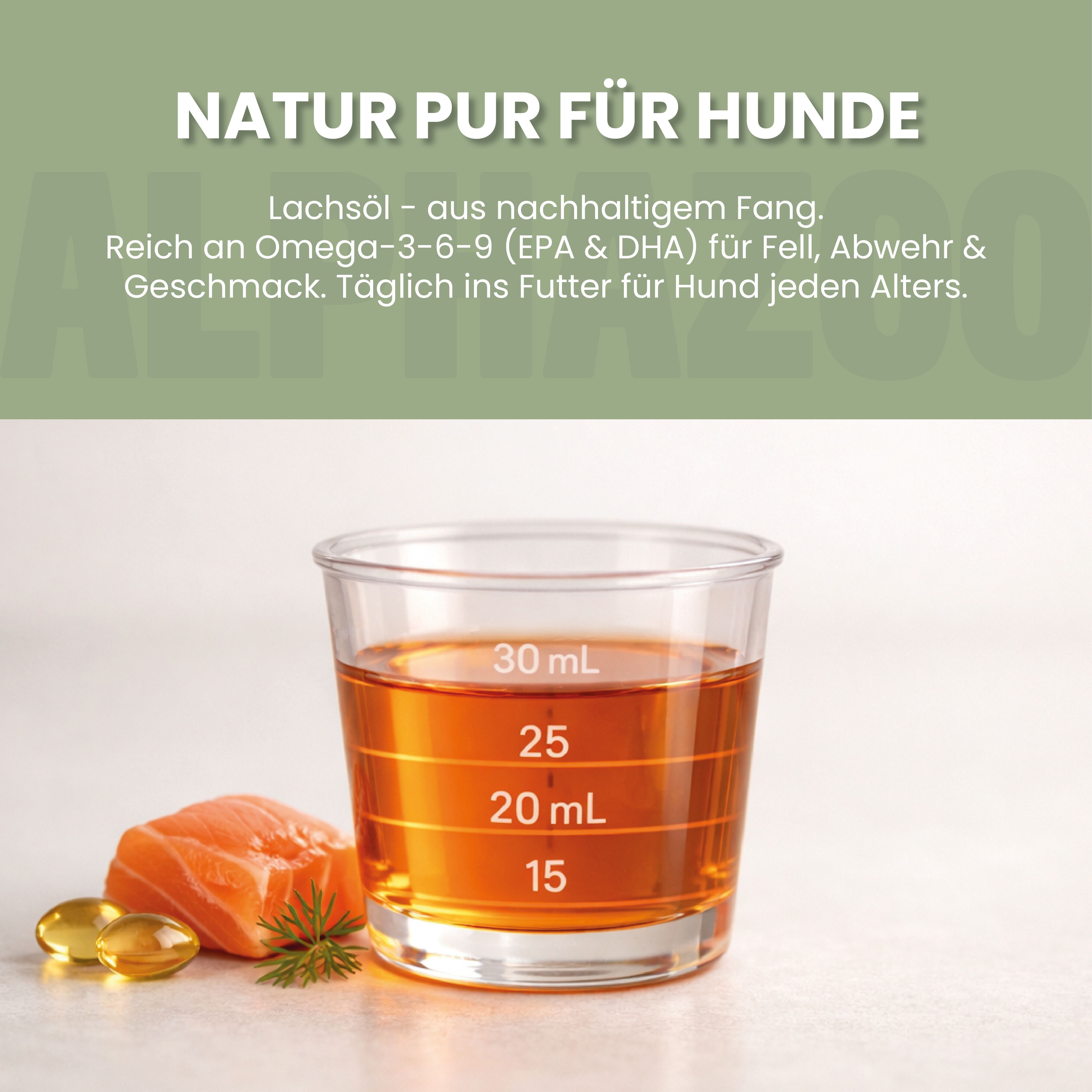 Glas mit Lachsöl, Lachs-Stück, Kapseln. Text: Natur pur für Hunde. Lachsöl - aus nachhaltigem Fang. Reich an Omega-3-6-9.