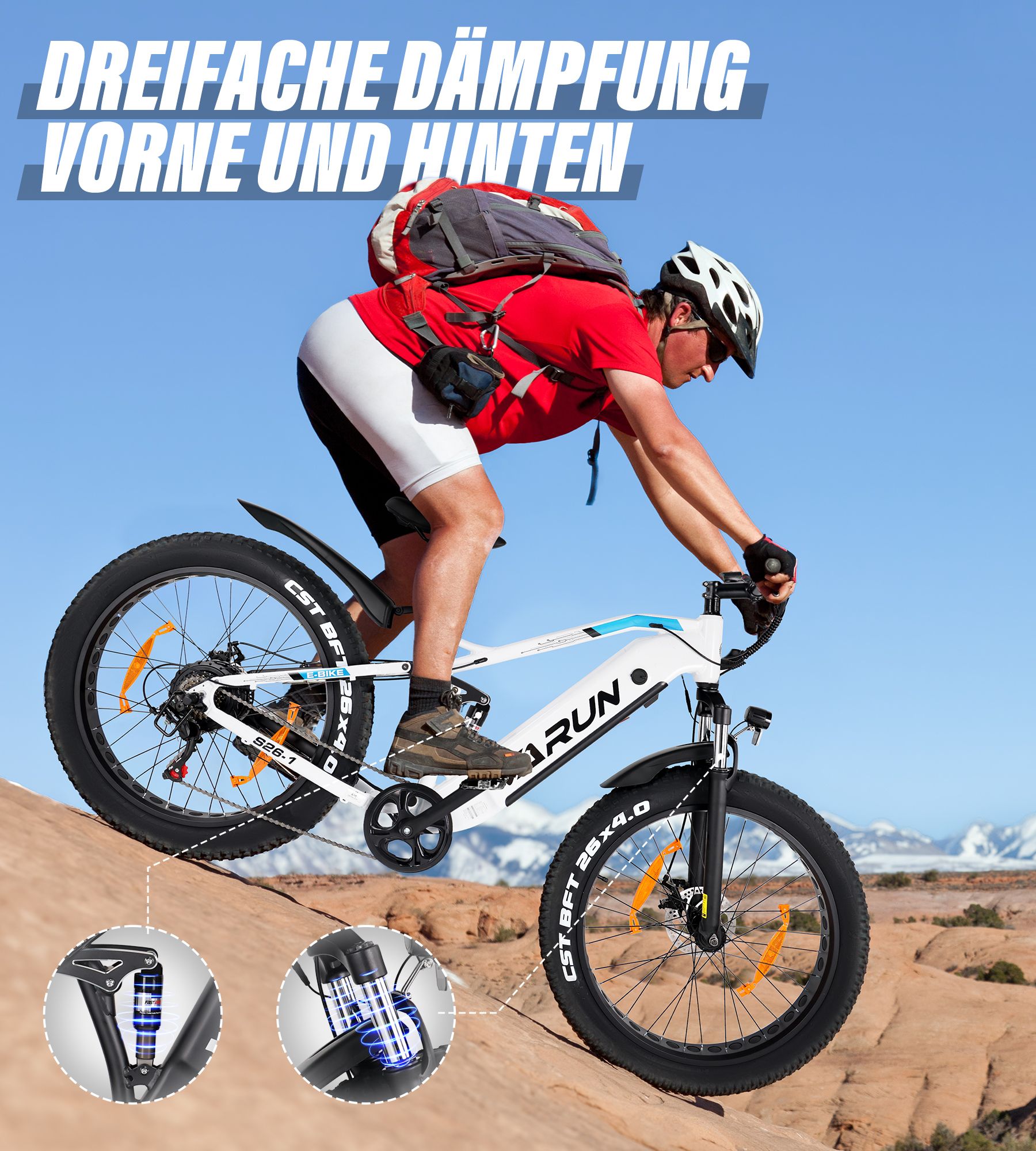 Person fährt E-Bike VARUN S26-1. Dreifache Dämpfung vorne und hinten. Schwarze Reifen, weißer Rahmen, blauer Akzent.