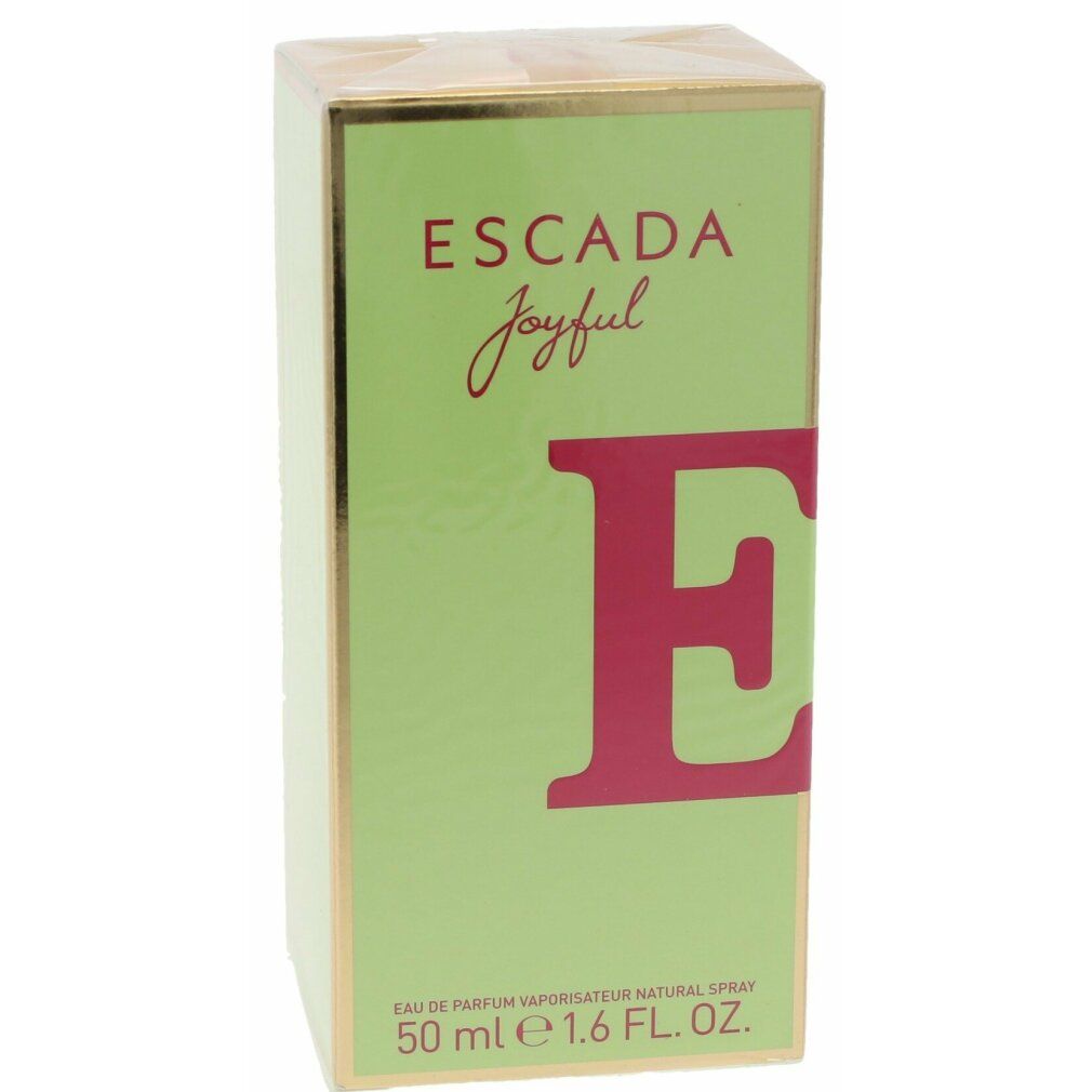 Grüne Schachtel mit goldfarbenen Akzenten. Schriftzug Escada Joyful. Aufschrift: Eau de Parfum, 50 ml, 1.6 FL. OZ.