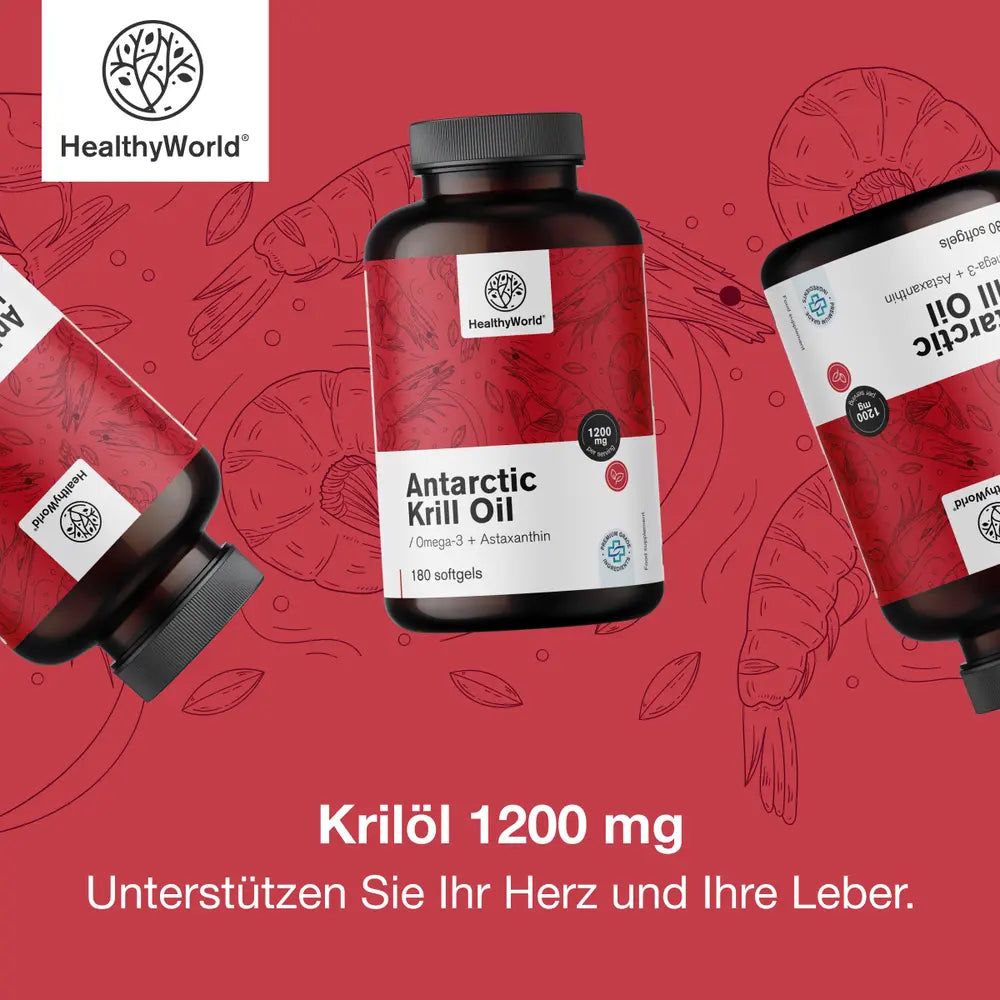 Roter Hintergrund mit Produktflaschen. Text: Krilöl 1200 mg. Unterstützen Sie Ihr Herz und Ihre Leber.