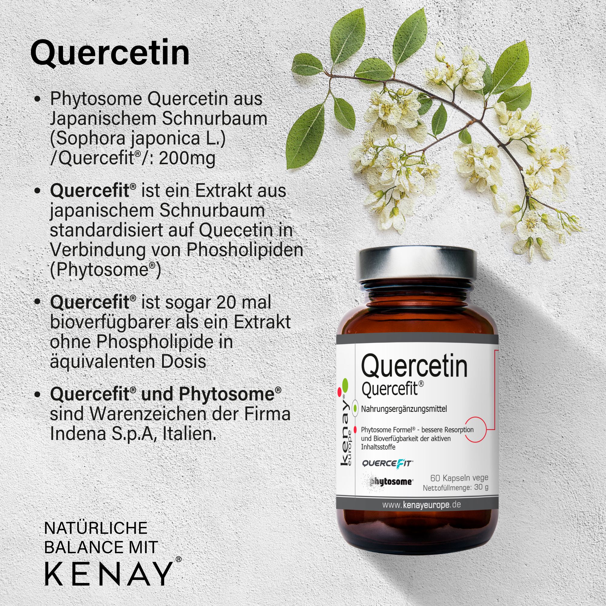 Braune Glasflasche mit weißem Etikett. Aufschrift: Quercetin Quercefit, Nahrungsergänzungsmittel. Text neben einer Pflanze.
