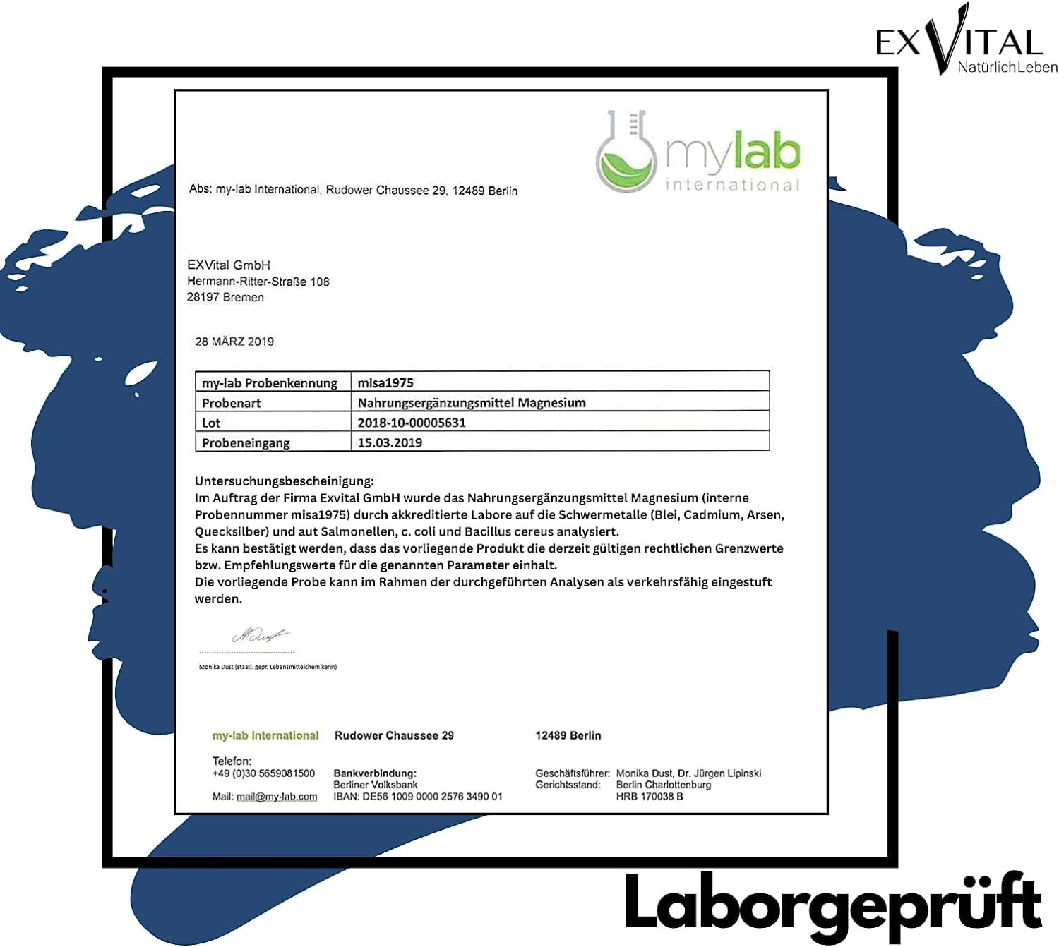Laborbericht von mylab international für EXVital Magnesium, bestätigt Grenzwerte.