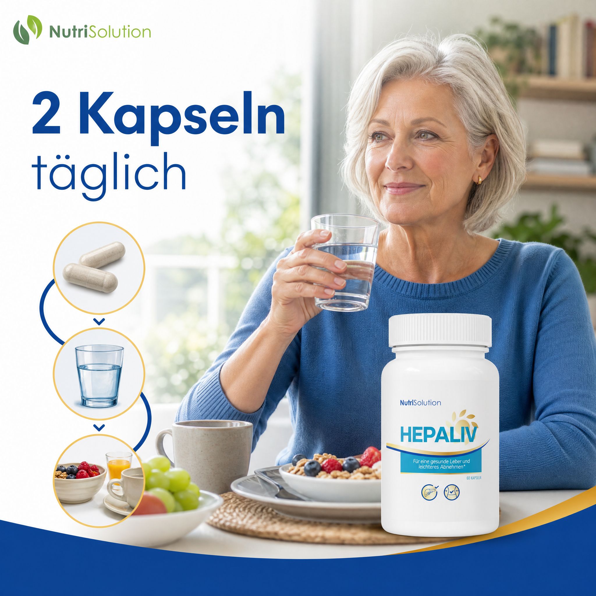 Frau trinkt Wasser am Tisch mit NutriSolution Hepaliv-Flasche. Empfehlung: 2 Kapseln täglich.