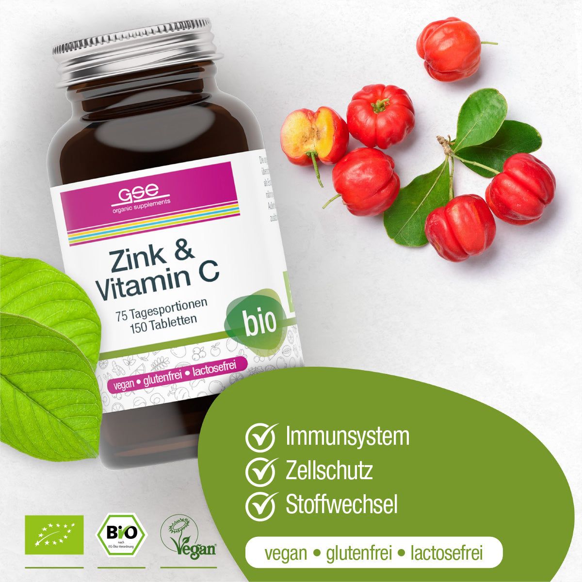 Braune Glasflasche mit Aufschrift Zink & Vitamin C. Bio-Siegel. 150 Tabletten. Acerola-Früchte und Blätter daneben.