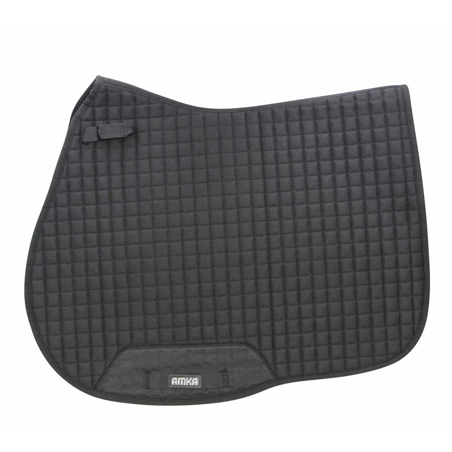 Schwarze Schabracke mit quadratischem Steppmuster und AMKA-Logo. Schwarze Details.