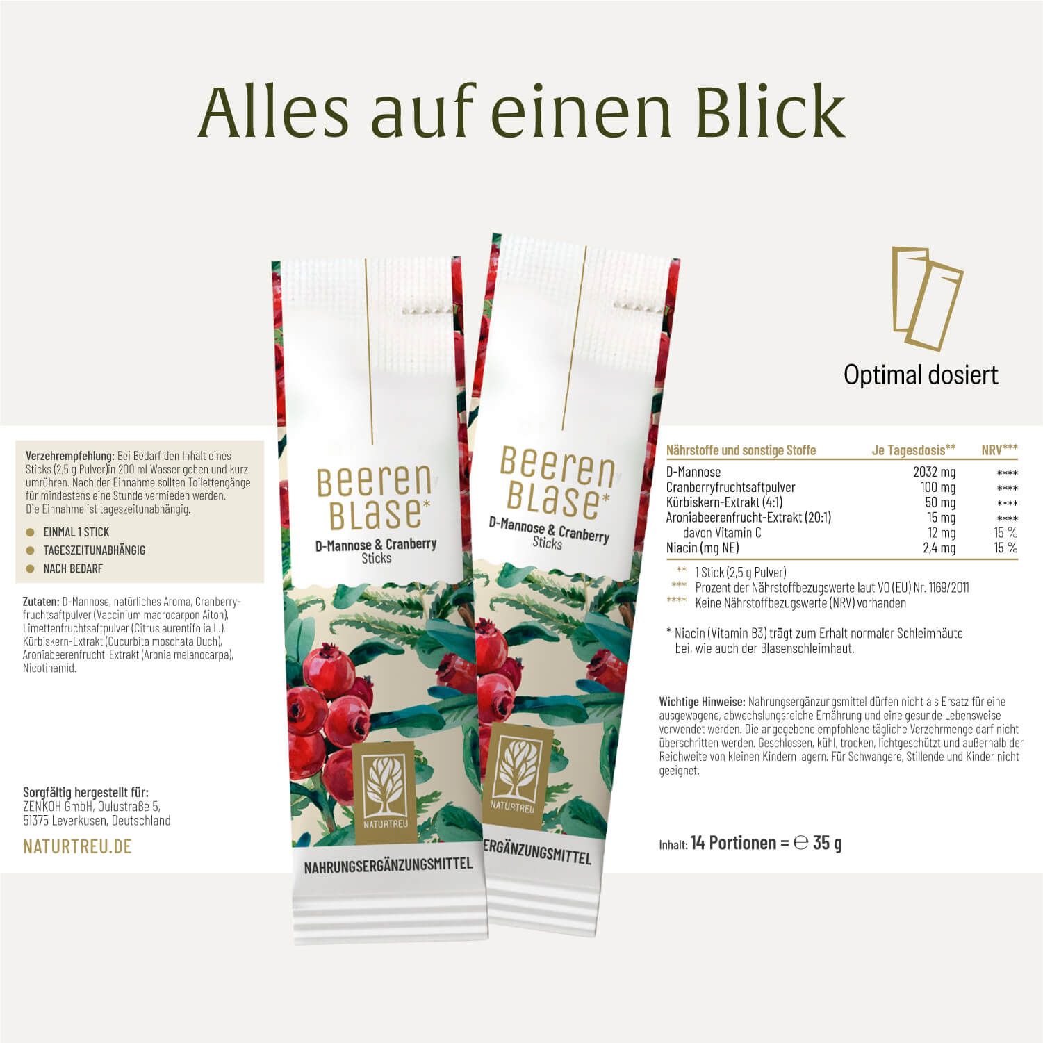 Zwei NATURTREU® Beerenblase Sticks mit Dosierungs- und Inhaltsstoffangaben.