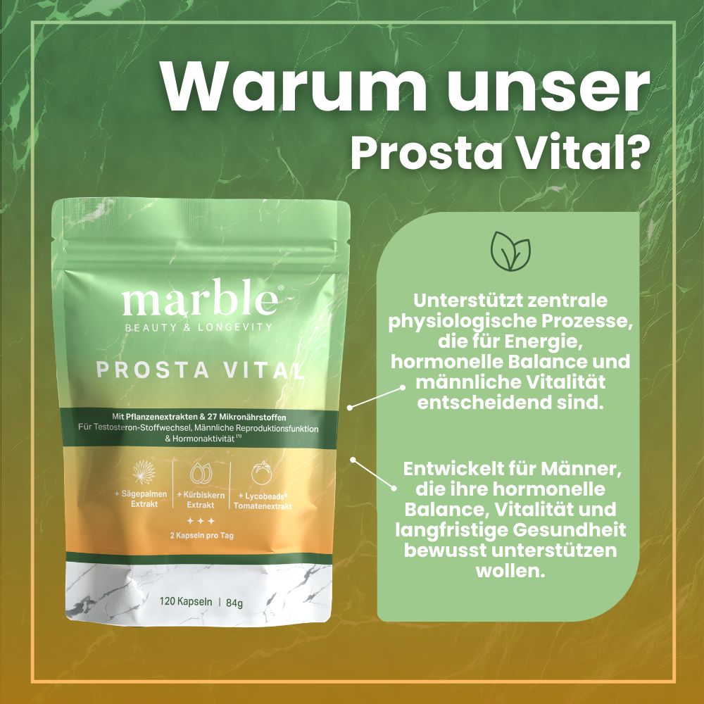 Beutel mit Kapseln. Text: marble Prosta Vital. Unterstützt physiologische Prozesse. Für Männer.