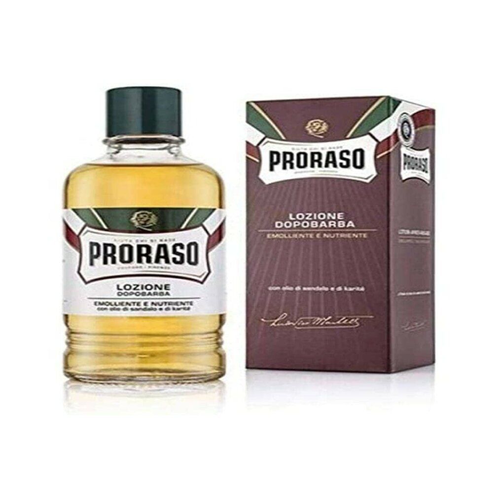 Glasflasche und Karton von Proraso After Shave. Flasche mit grüner Kappe, Etikett mit Logo. Karton braun mit Logo und Text.