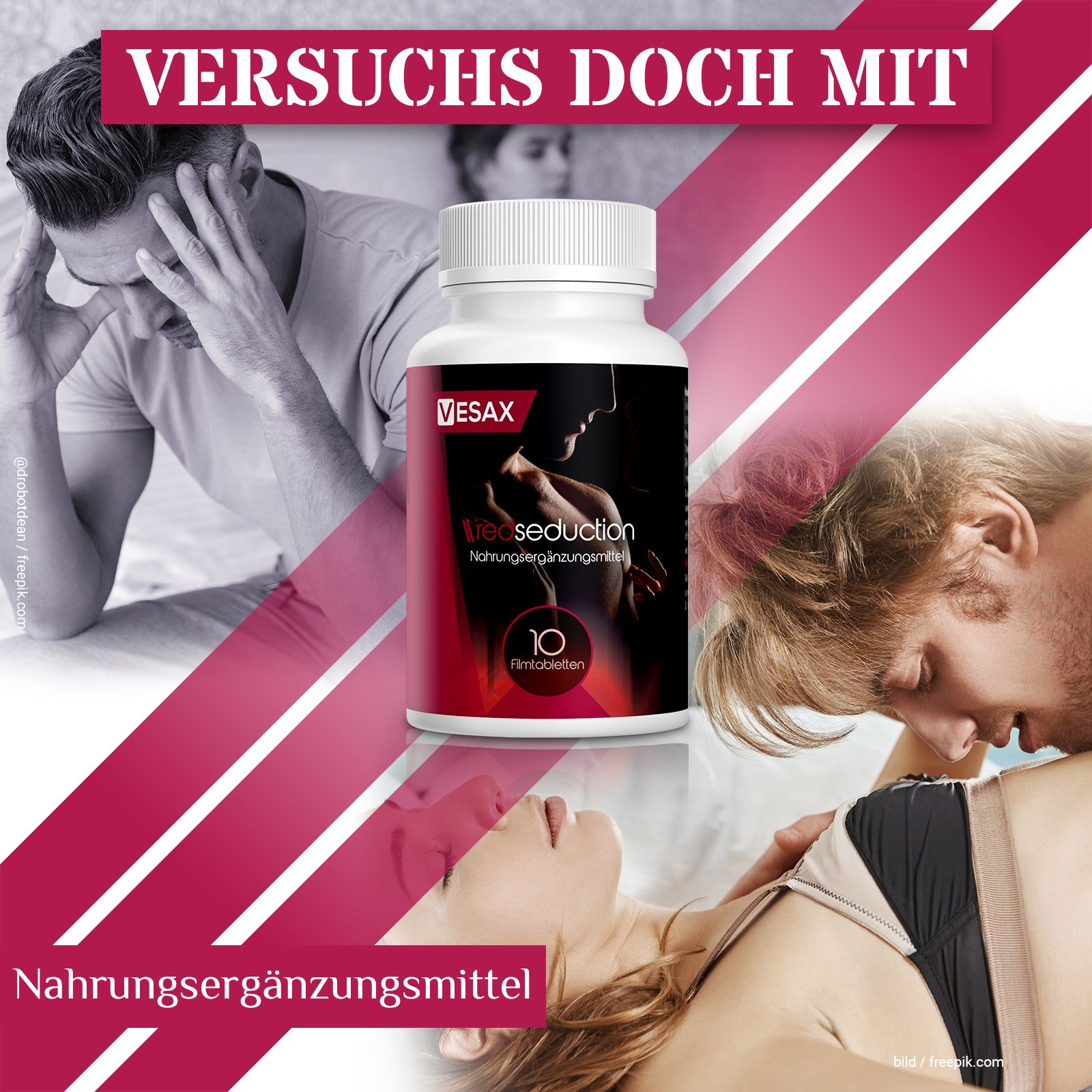 Weiße Flasche mit rotem Etikett. Aufschrift: Vesax, Red Seduction, Nahrungsergänzungsmittel, 10 Filmtabletten. Hintergrund: Paare.