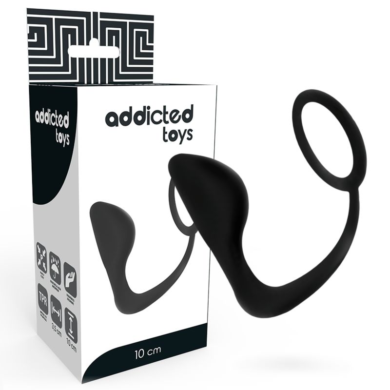 Verpackung mit schwarzem, flexiblem Analplug mit Penisring.