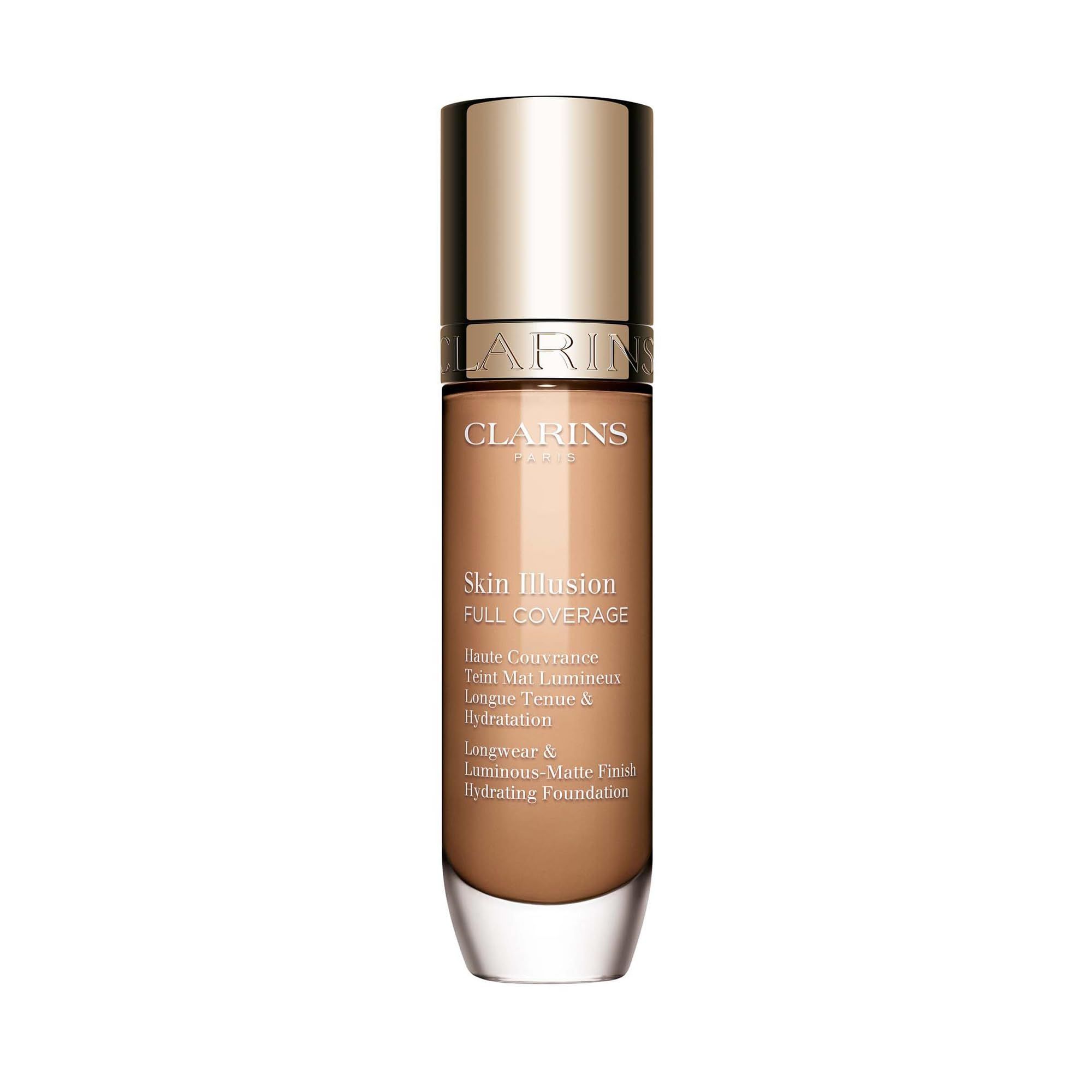 Clarins Skin Illusion Full Coverage Foundation in Farbton 110N. Glasflasche mit Pumpspender.