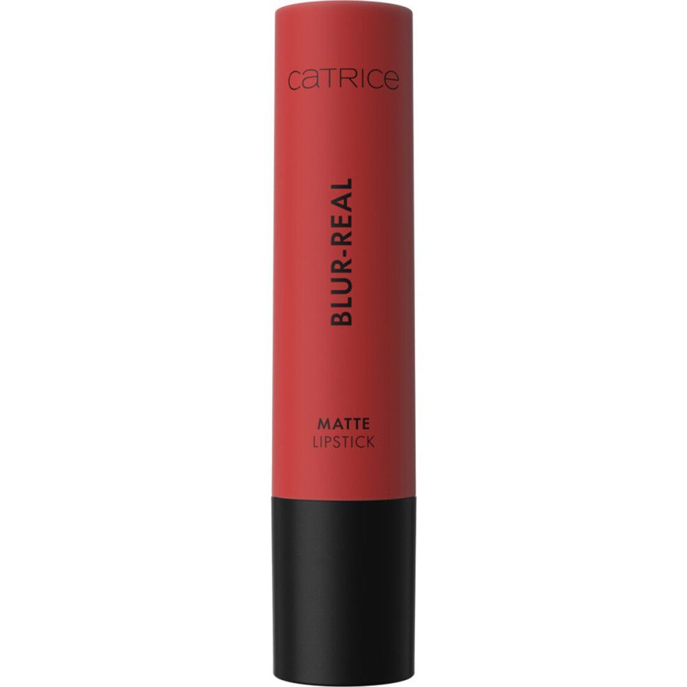 Roter Lippenstift mit schwarzem Boden. Aufschrift: CATRICE, BLUR-REAL, MATTE LIPSTICK.