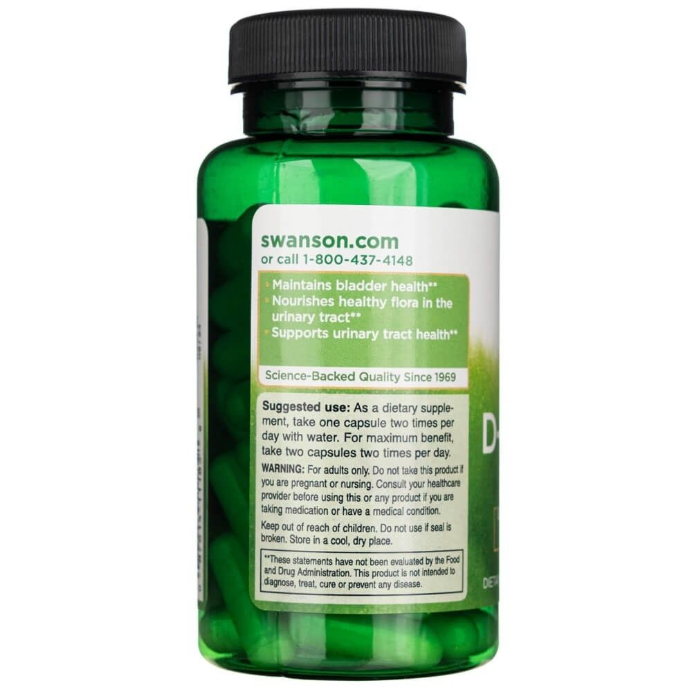 Rückseite der Flasche Swanson D-Mannose 700 mg mit Hinweisen zur Blasen- und Harnweggesundheit.
