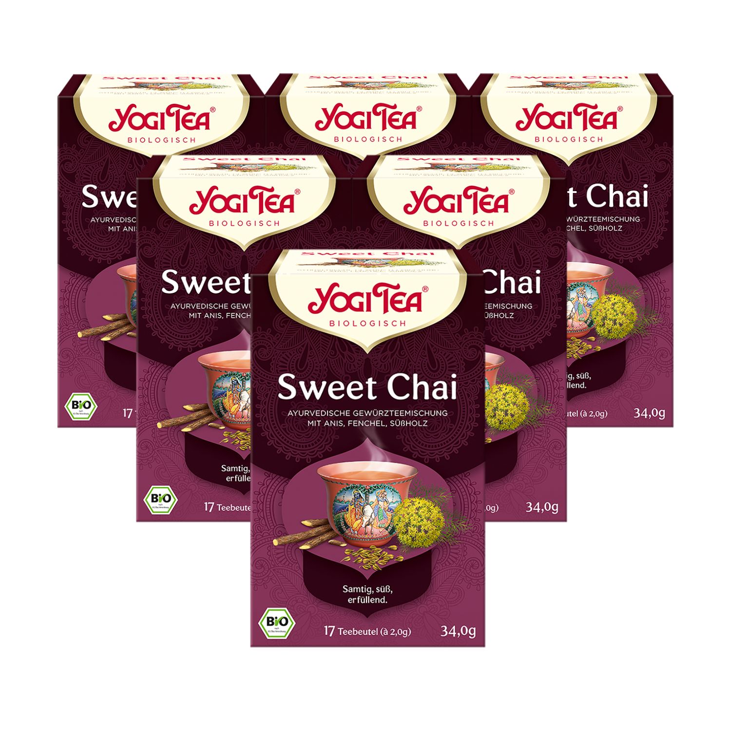 Sechs Packungen Yogi Tea Sweet Chai. Aufdrucke: Yogi Tea, Sweet Chai, biologisch, 17 Teebeutel, 34,0g.
