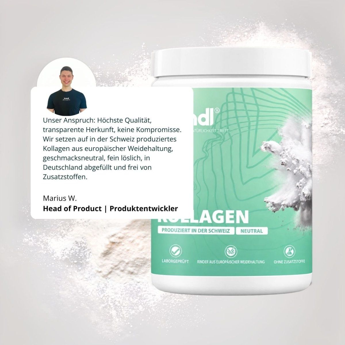 Dose Kollagenpulver von Brandl Nutrition mit Siegeln für Laborprüfung und Herkunft.