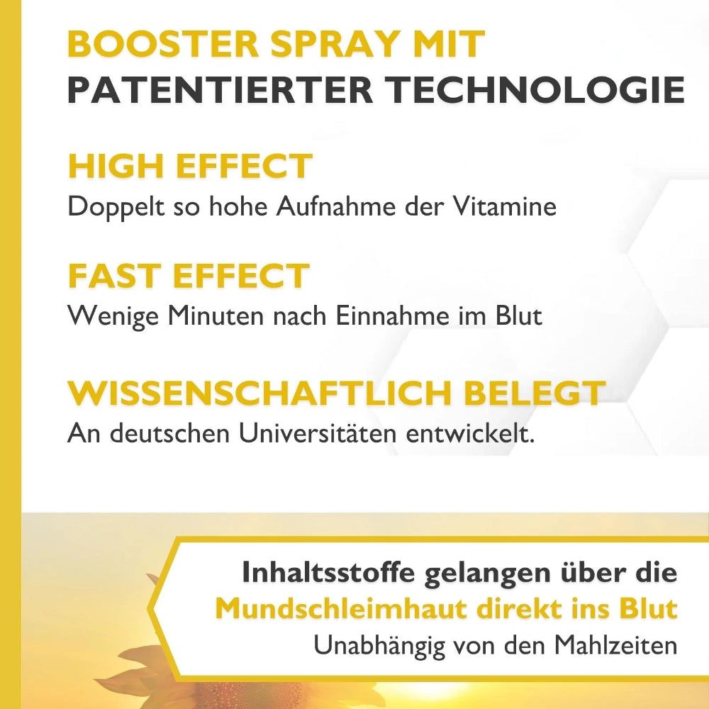 Gelber Hintergrund mit Text. Booster Spray mit patentierter Technologie. High Effect, Fast Effect, wissenschaftlich belegt.