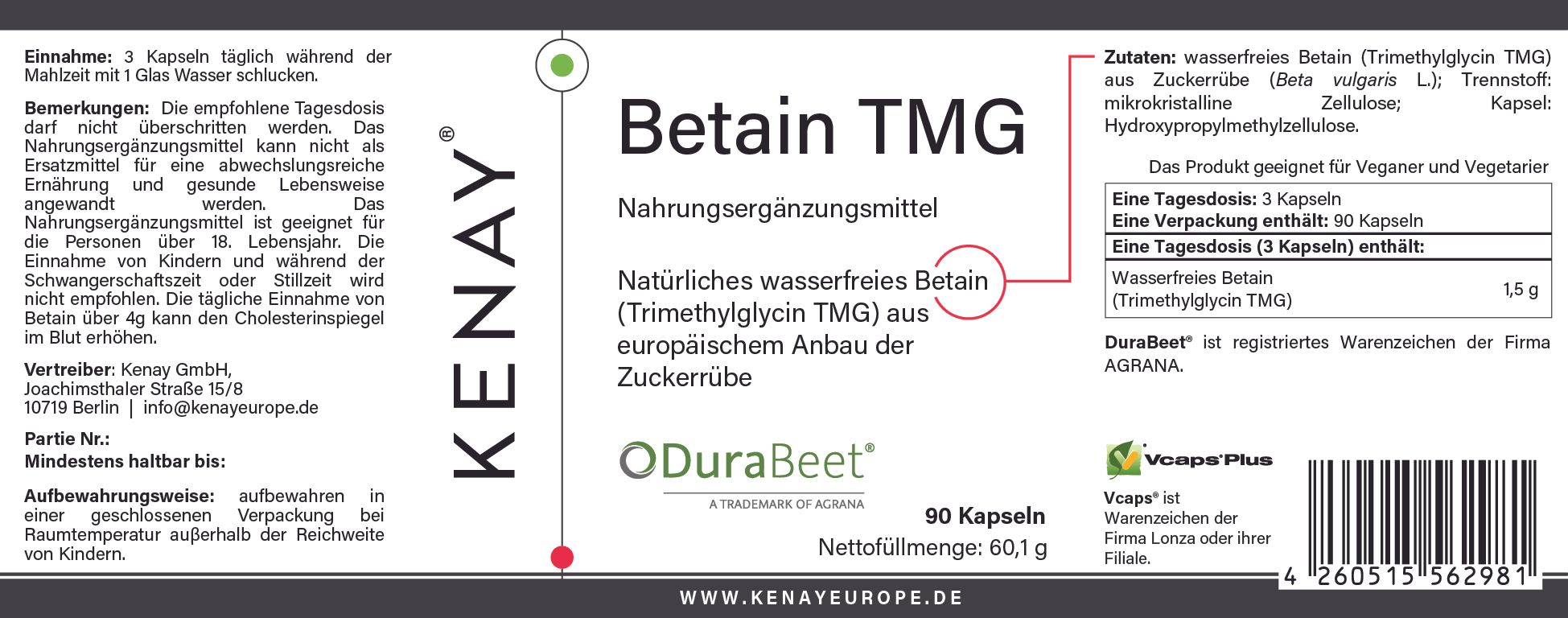 Etikett der Nahrungsergänzungsmittel Betain TMG von KENAY®. Enthält Informationen zu Inhaltsstoffen, Dosierung und Hersteller.