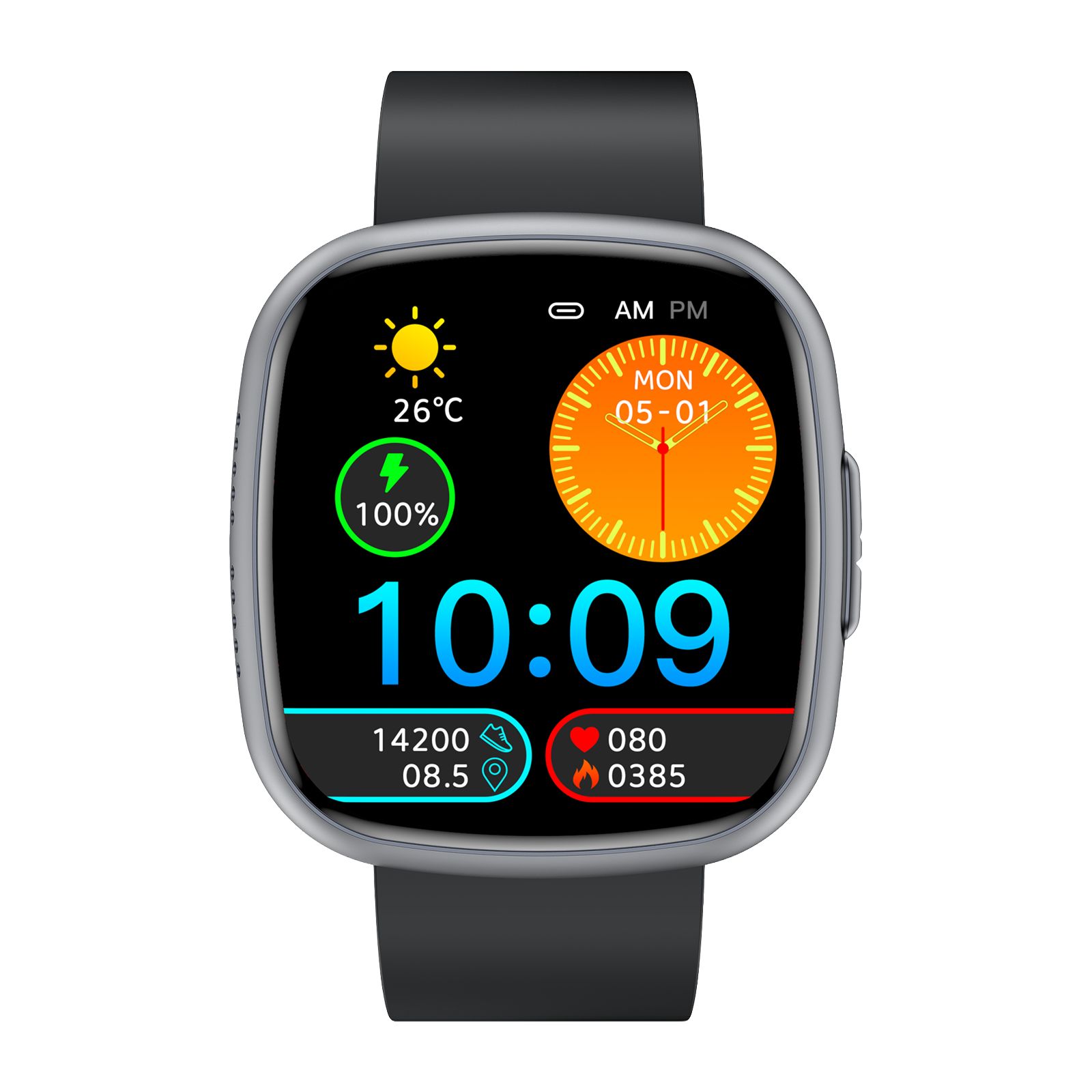 Schwarze Smartwatch mit quadratischem Zifferblatt. Bildschirm zeigt Uhrzeit, Datum, Akku, Schritte und Herzfrequenz. Schwarzes Armband.