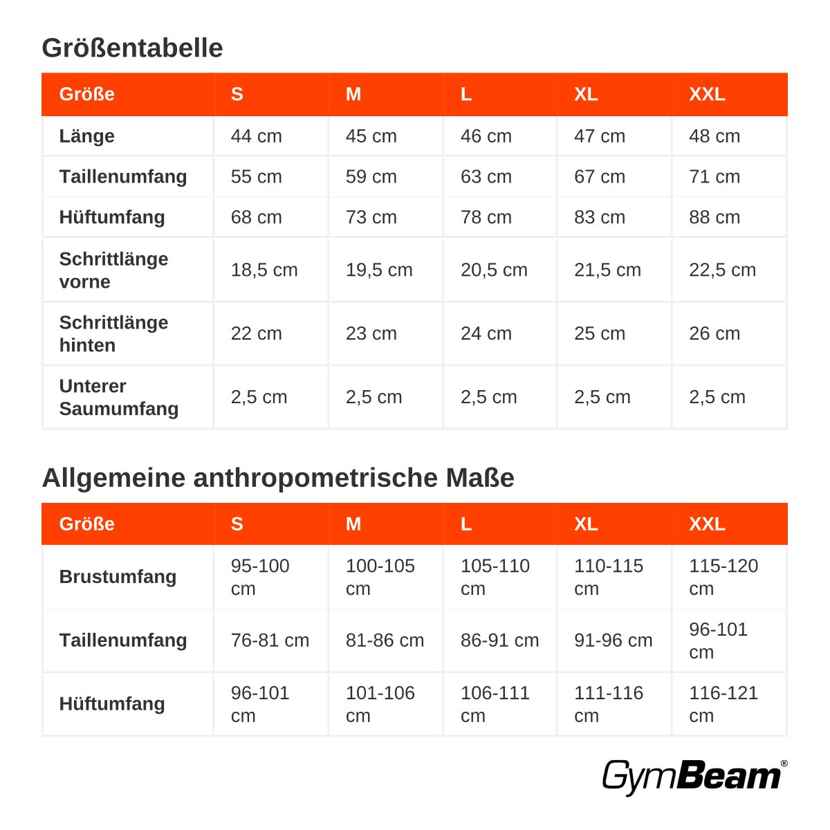 Größentabelle für Herren Slim Shorts: Maße in cm.