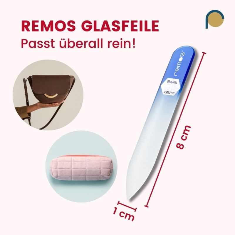 Glasnagelfeile, 8 cm, beidseitig, blau-weiß. Marke remos.