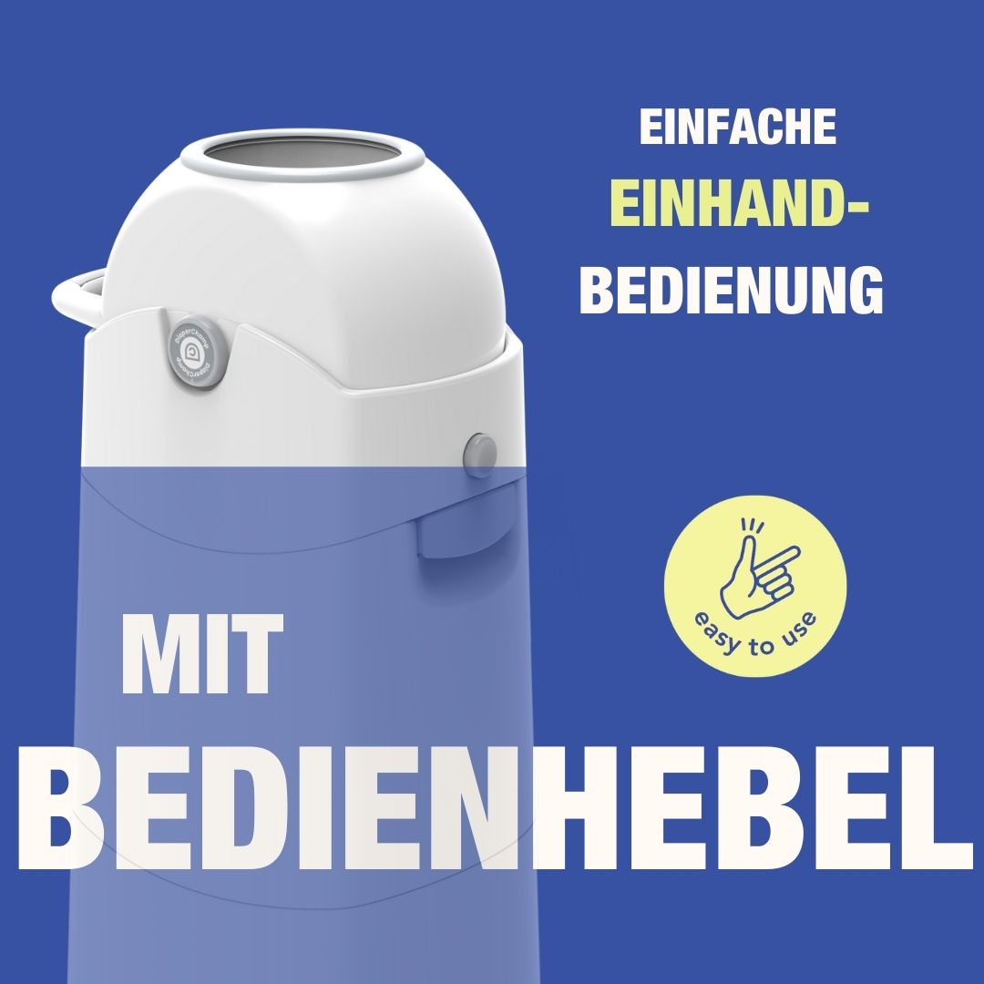 Weißer Windeleimer mit Deckel und Griff. Text: EINFACHE EINHANDBEDIENUNG, MIT BEDIENHEBEL. Logo: Diaper Champ.