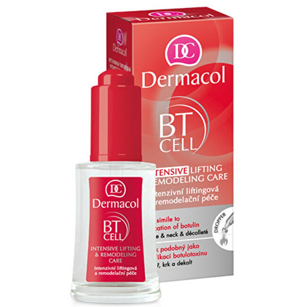Serumflasche und Verpackung. Rote Kappe, transparente Flasche. Verpackung mit Produktnamen und Logo. Text: BT CELL, Intensive Lifting & Remodeling Care.