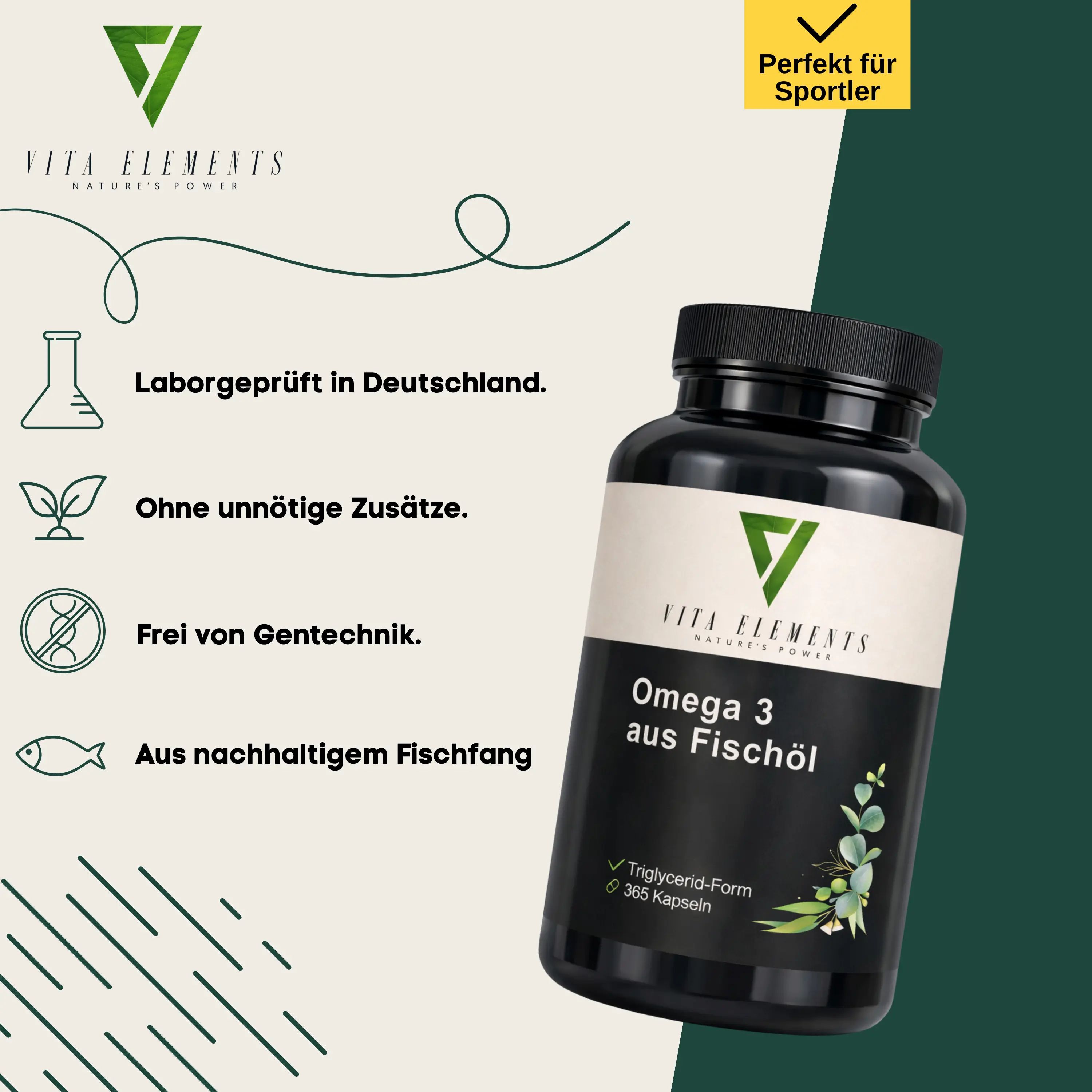 Vita Elements Omega 3 Fischöl Kapseln: Laborgeprüft, ohne Gentechnik, aus nachhaltigem Fischfang.