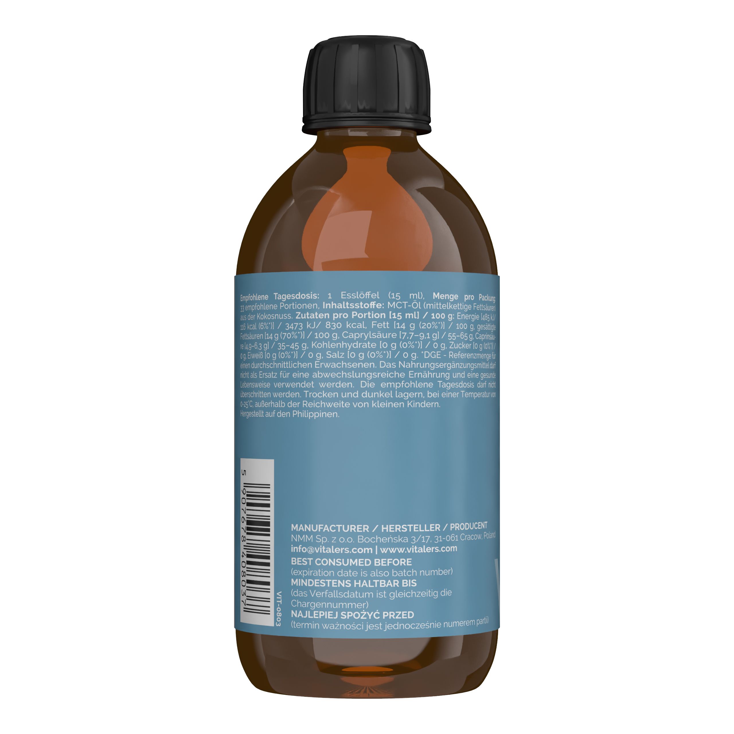 Rückseite einer Flasche Vitaler's Kokos MCT Öl mit Herstellerinformationen, Mindesthaltbarkeitsdatum und Barcode.
