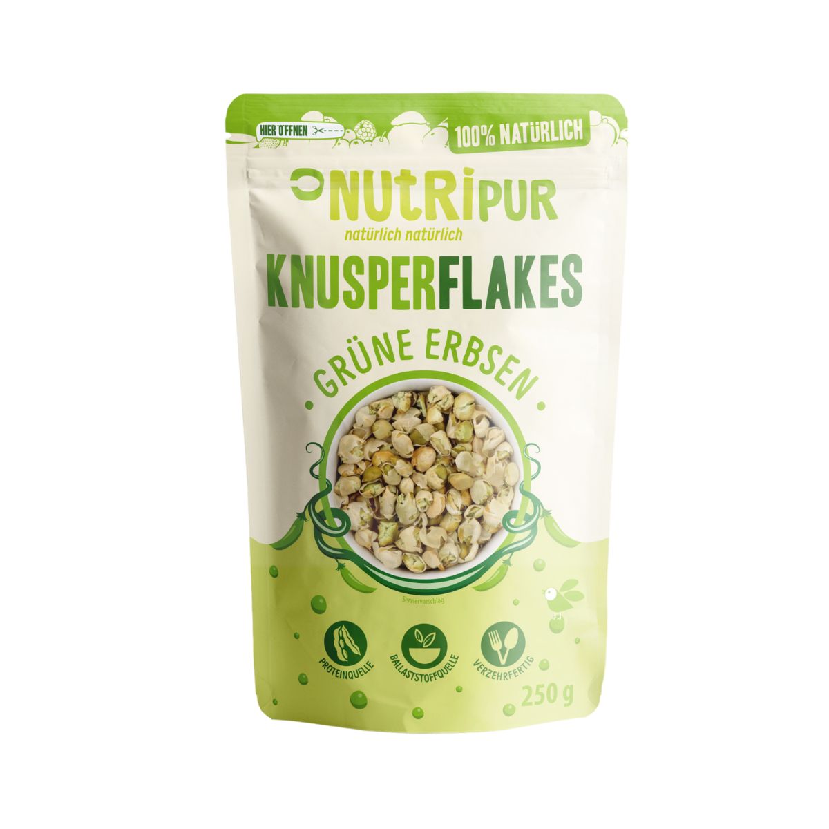 Verpackung von NutriPur Knusperflakes Grüne Erbsen. Beutel mit Produktabbildung und Text. 100% natürlich. Proteinreich, ballaststoffreich, vegan.