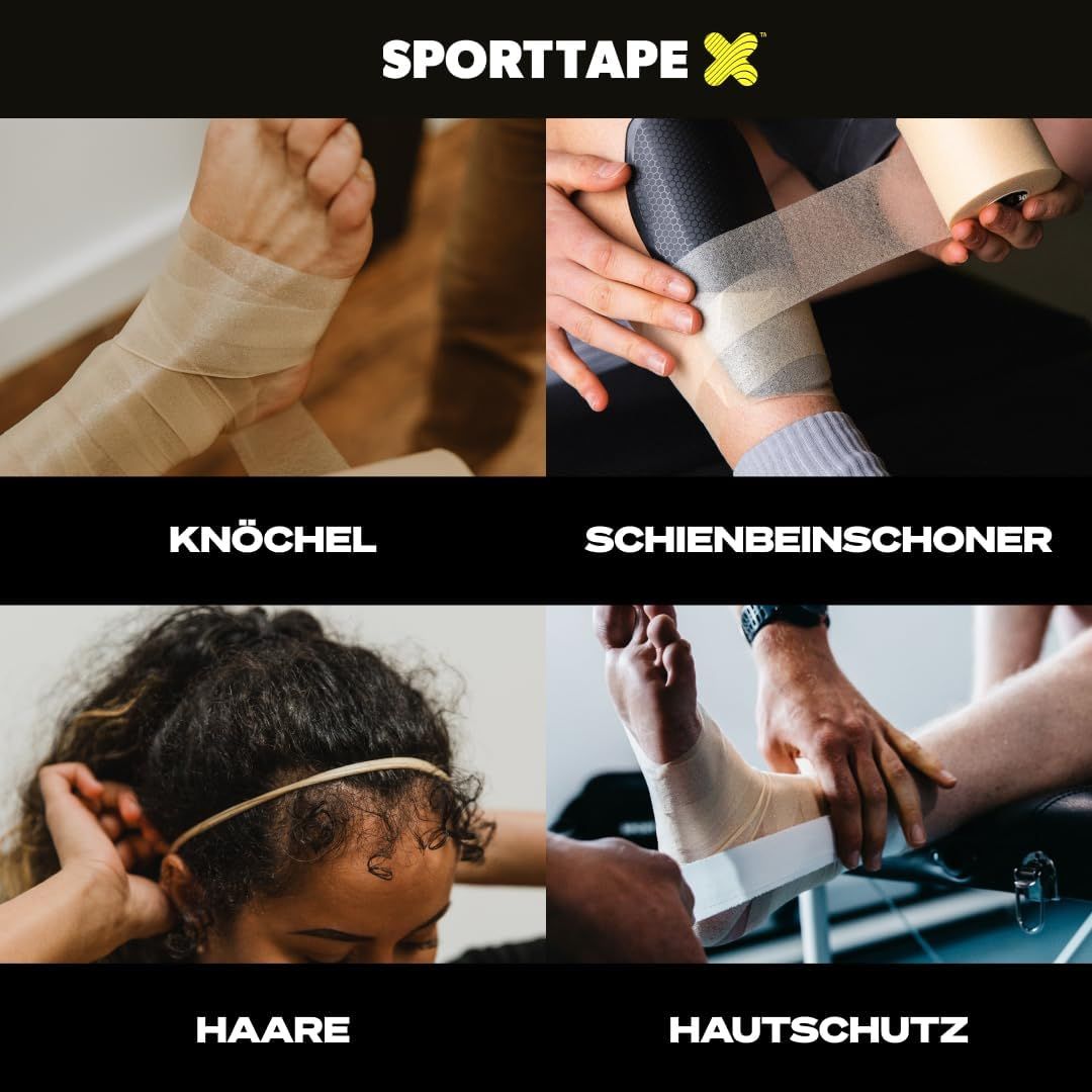 Vier Anwendungen: Knöchel, Schienbeinschoner, Haare, Hautschutz mit Unterverband.