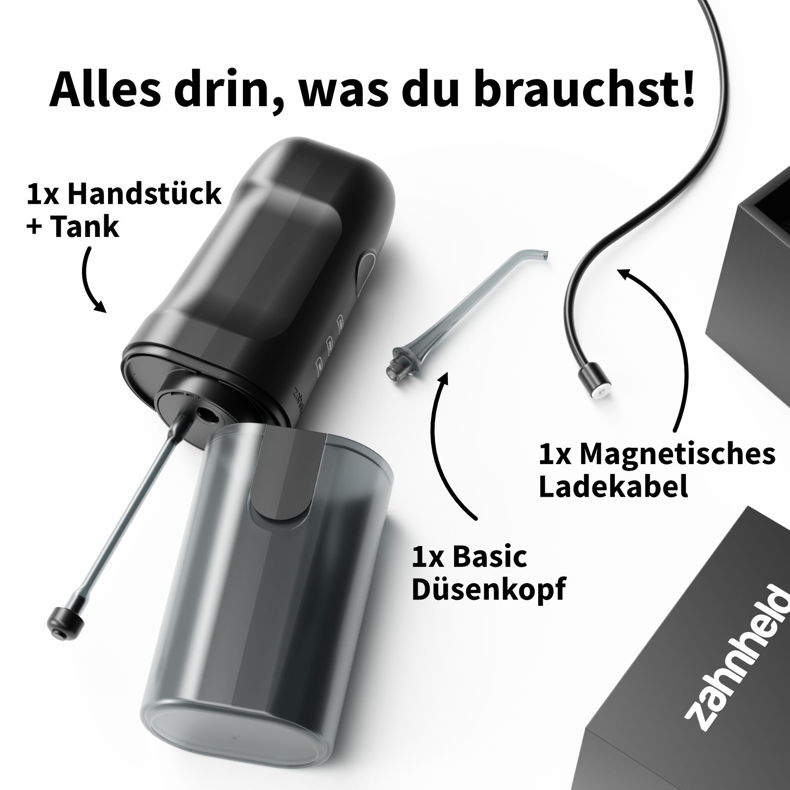 Zubehörteile der Munddusche: Handstück, Tank, Basic Düsenkopf, magnetisches Ladekabel. Schwarzer Behälter.