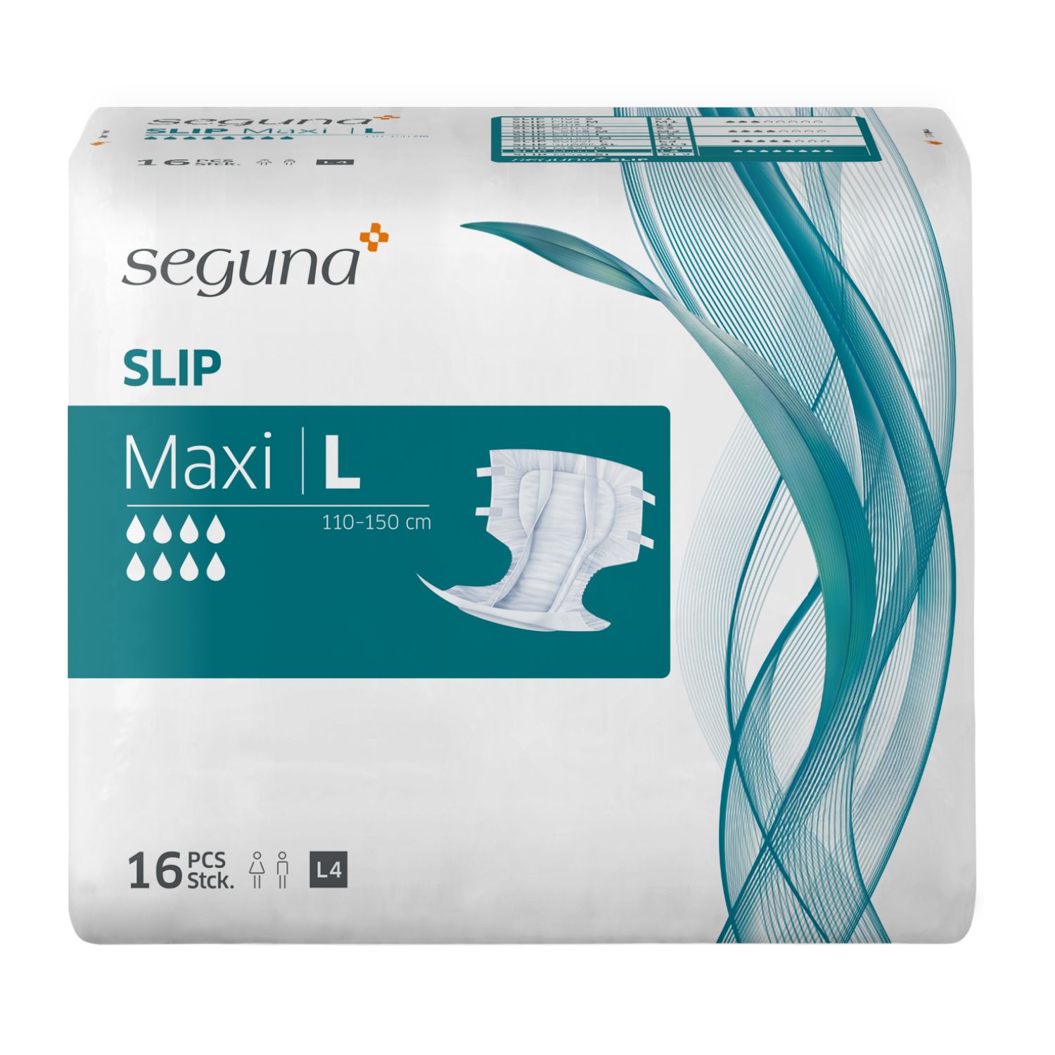 Verpackung von SEGUNA Slip Maxi L. Weiße Packung mit Produktabbildung. Text: SEGUNA, SLIP, Maxi L, 110-150 cm, 16 Stück, L4.