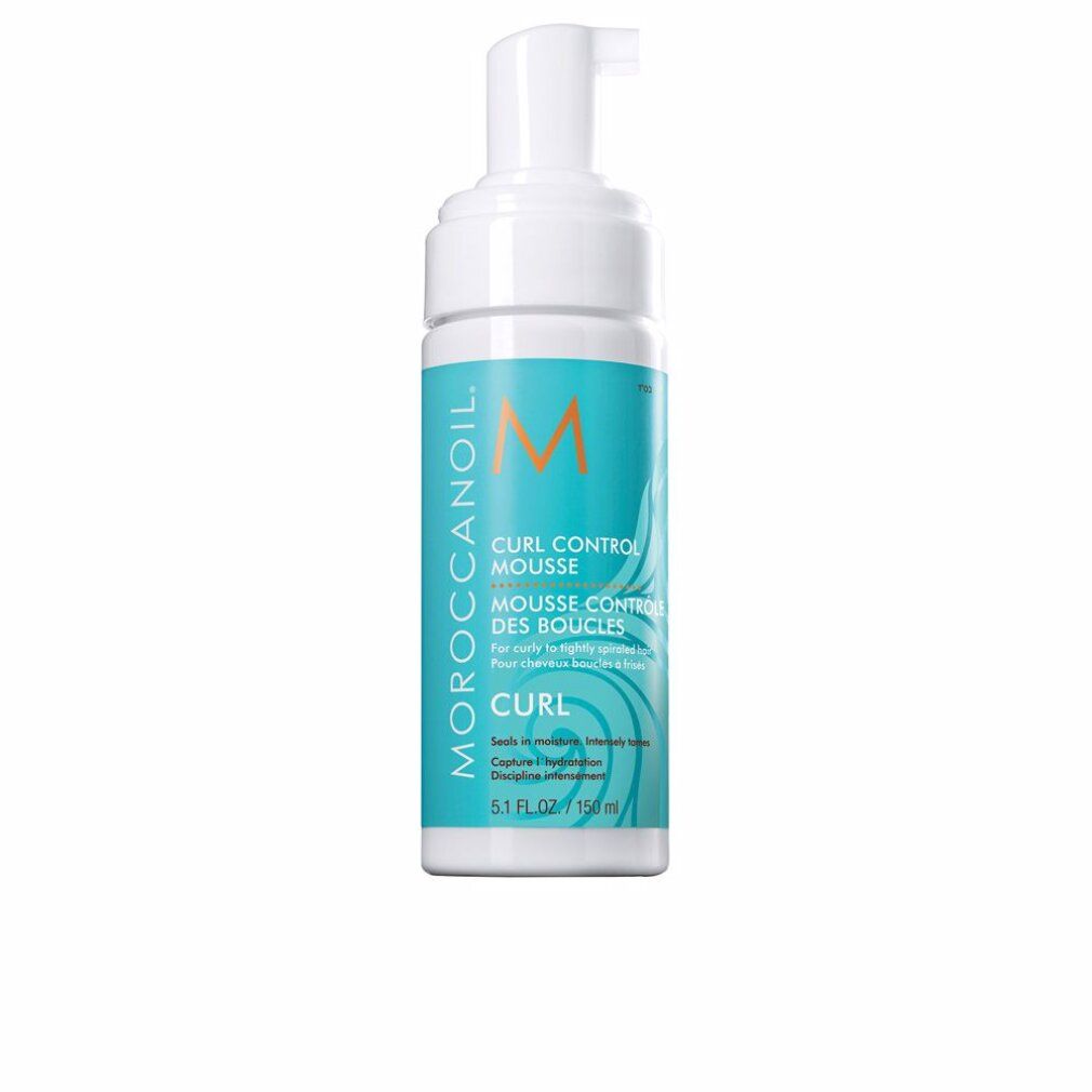 Weiße Flasche mit blauem Etikett. Aufschrift: Moroccanoil Curl Control Mousse. 150 ml.