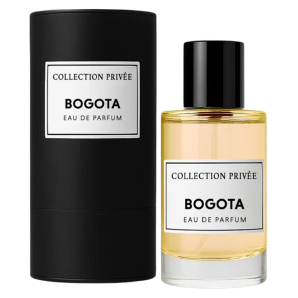 Parfümflasche und zylindrische Verpackung. Aufschrift: Collection Privée, Bogota Eau de Parfum. Flasche mit schwarzem Verschluss.