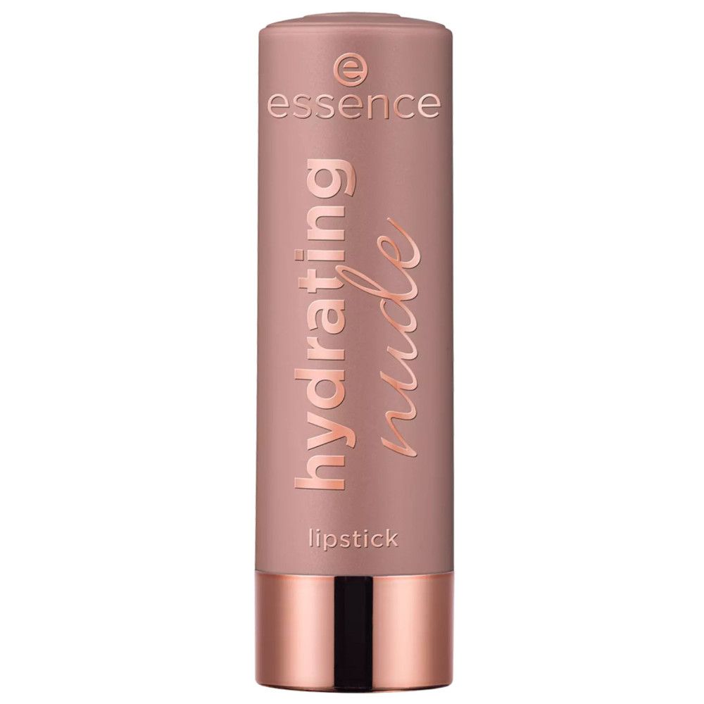 Lippenstift in Nude-Farbe. Zylindrische Hülle mit Schriftzug "hydrating nude" und "lipstick". Marke "essence" sichtbar.